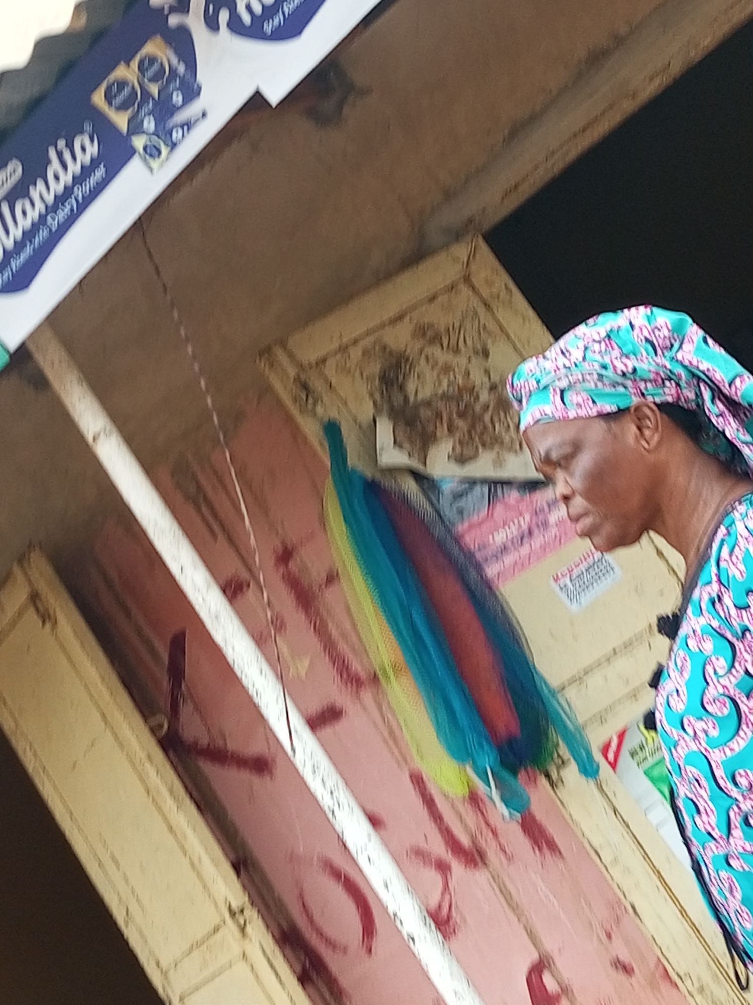 This image depicts a woman in profile, wearing a vibrant teal and pink patterned headwrap and matching dress, standing in what appears to be an outdoor market or stall area in Gombe, Nigeria. The woman is looking downwards and to her right, with her mouth slightly open, suggesting she might be speaking or in conversation. Behind her, several colorful fabrics or nets hang vertically, in shades of yellow, teal, and red. To the upper left, a portion of a white banner with blue text and images is visible, with the word "Hollandia" clearly legible. The background consists of weathered wooden structures and a wall with red spray paint markings. The overall lighting suggests an outdoor setting during the daytime, possibly under a roofed structure given the shadows.