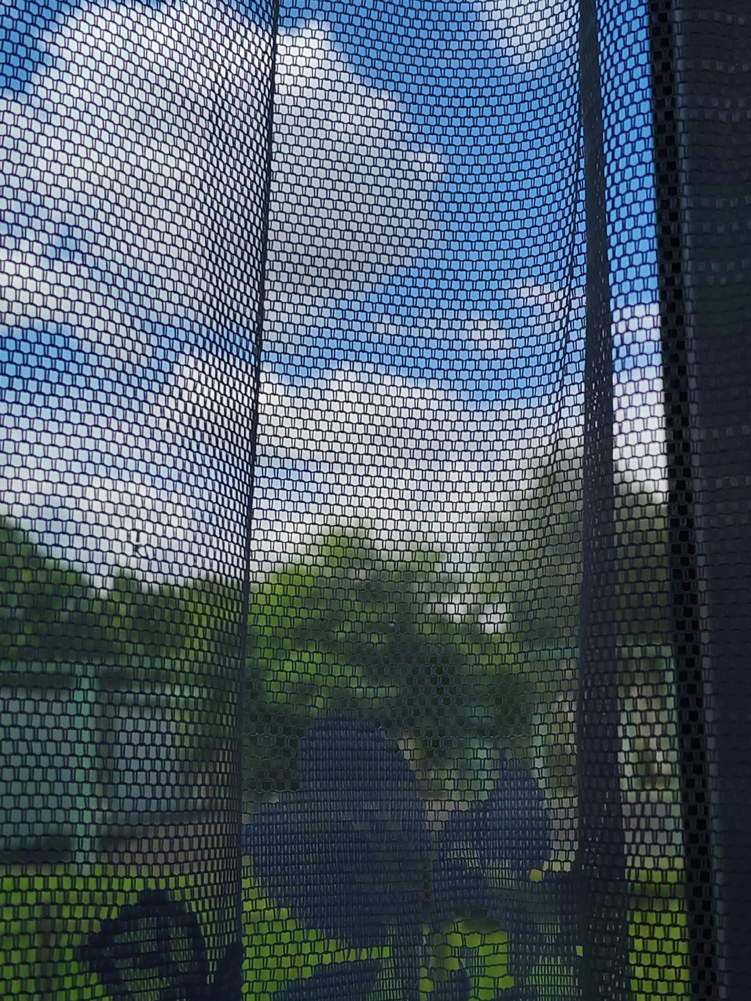 The image shows a view through a fine, dark mesh screen or curtain. Outside the screen, there is a landscape with green foliage, possibly trees and grass. Above the foliage, a bright blue sky is visible, dotted with white clouds. The location is undetermined.