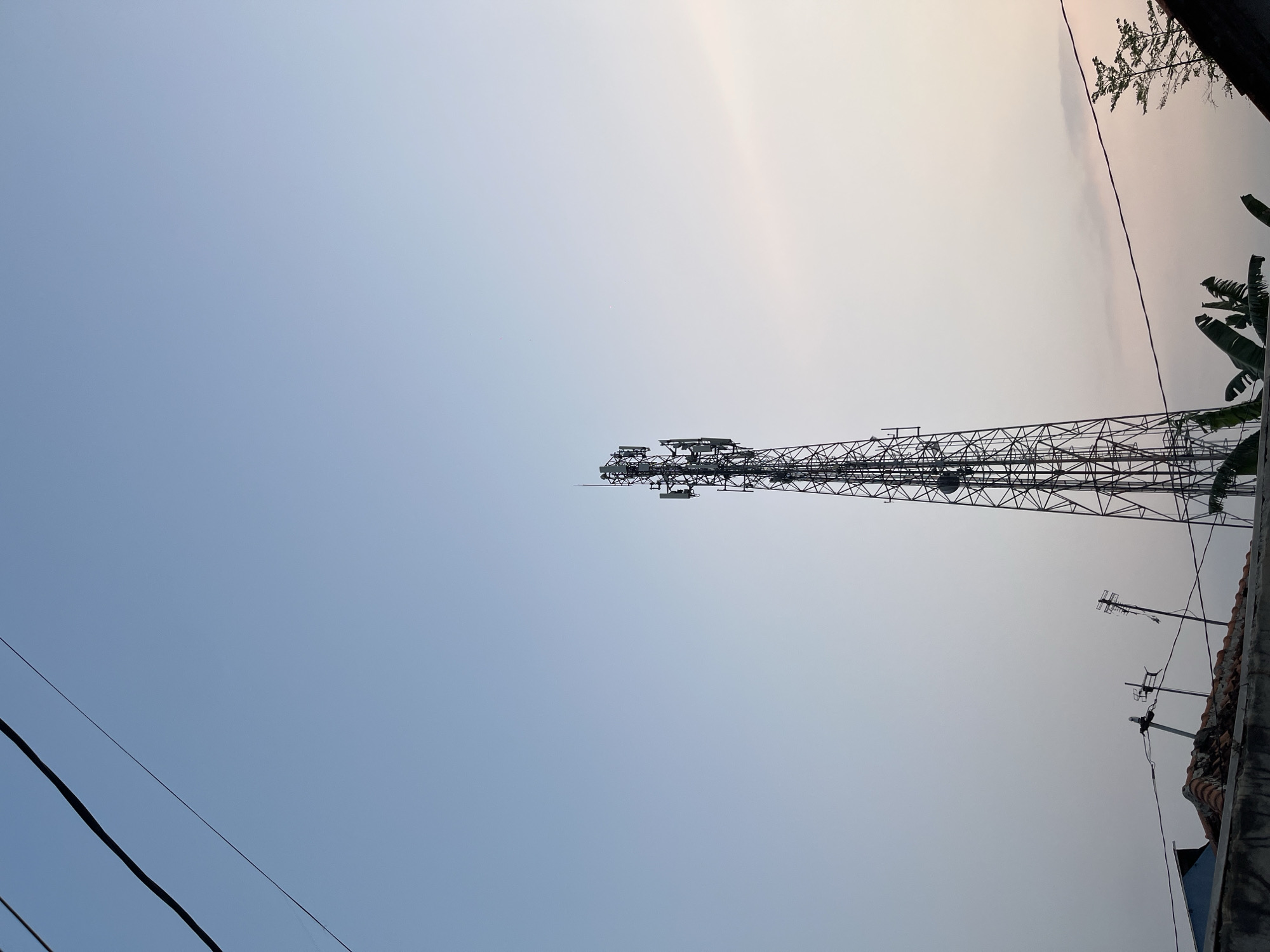 A tall, lattice telecommunications tower dominates the center of the frame against a clear, pale blue sky. The tower is equipped with multiple antennas and dishes. In the foreground, the tops of several residential buildings are visible, with tiled roofs and some electrical wires strung between poles. Banana leaves and a small tree are also present at the bottom right. The scene appears to be set in an urban or semi-urban environment. The lighting suggests it is either early morning or late afternoon, with a soft glow on the horizon. The presence of the telecommunications tower and residential structures points to a populated area, possibly within the city of Pekalongan, Indonesia, given the characteristic architecture and vegetation.