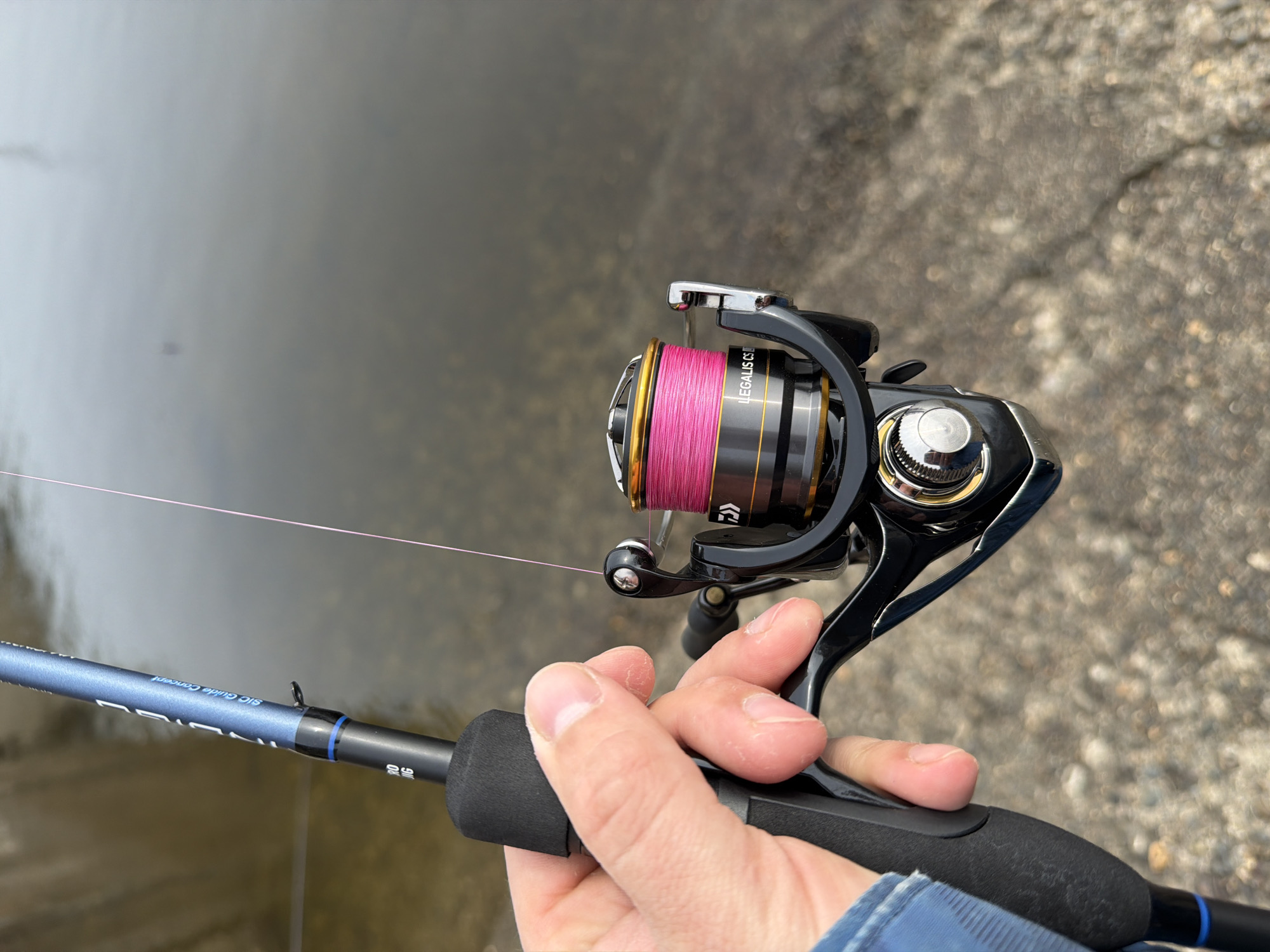 A person is holding a fishing rod and reel near a body of water and a concrete surface. The reel is black with a spool of pink line. The rod is blue and black. The person's hand is visible holding the rod. The location is likely Chaikovsky, Russia, but cannot be confirmed from this image alone.