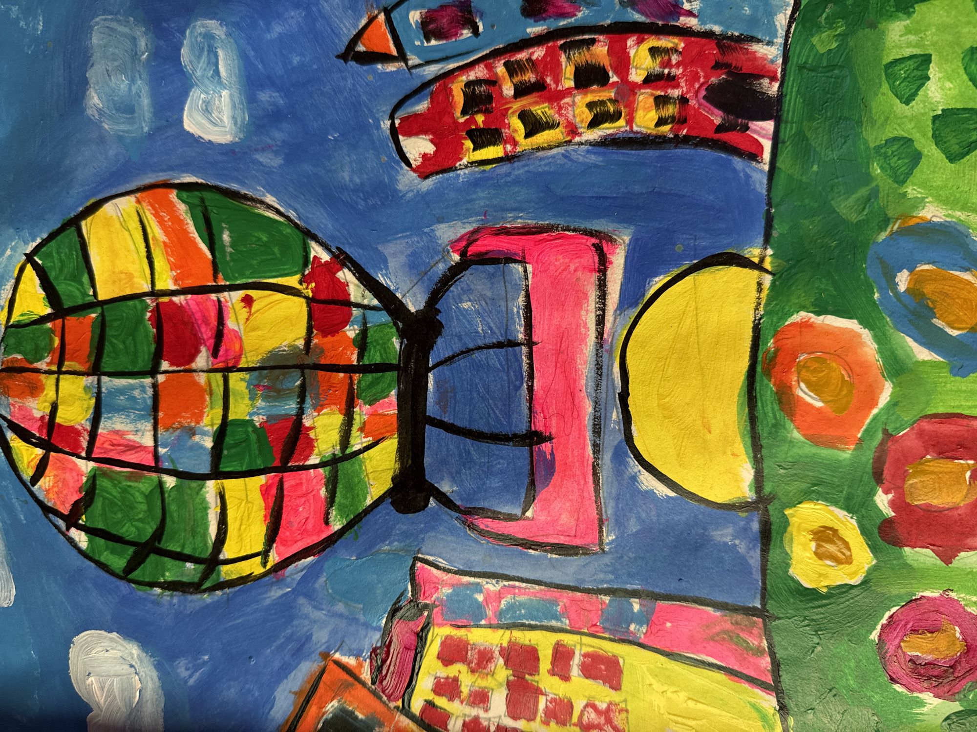 This is a brightly colored, abstract painting. The background is a swirled blue, suggestive of sky. Dominating the left side is a large, round shape divided into a grid of colors like red, orange, yellow and green. Above it, a horizontally oriented rectangle with red and yellow hues and black squares is positioned. To the right of the round shape is a pink rectangular shape, adjoined by a yellow half-circle. Adjacent to the right is a vertical green area dotted with flowers and foliage. Lower down, there are building-like structures in shades of yellow and pink with red squares. Two white, cloud-like forms are present in the upper left corner of the blue sky background.
The image does not necessarily depict Mèo Vạc Commune, Vietnam.
