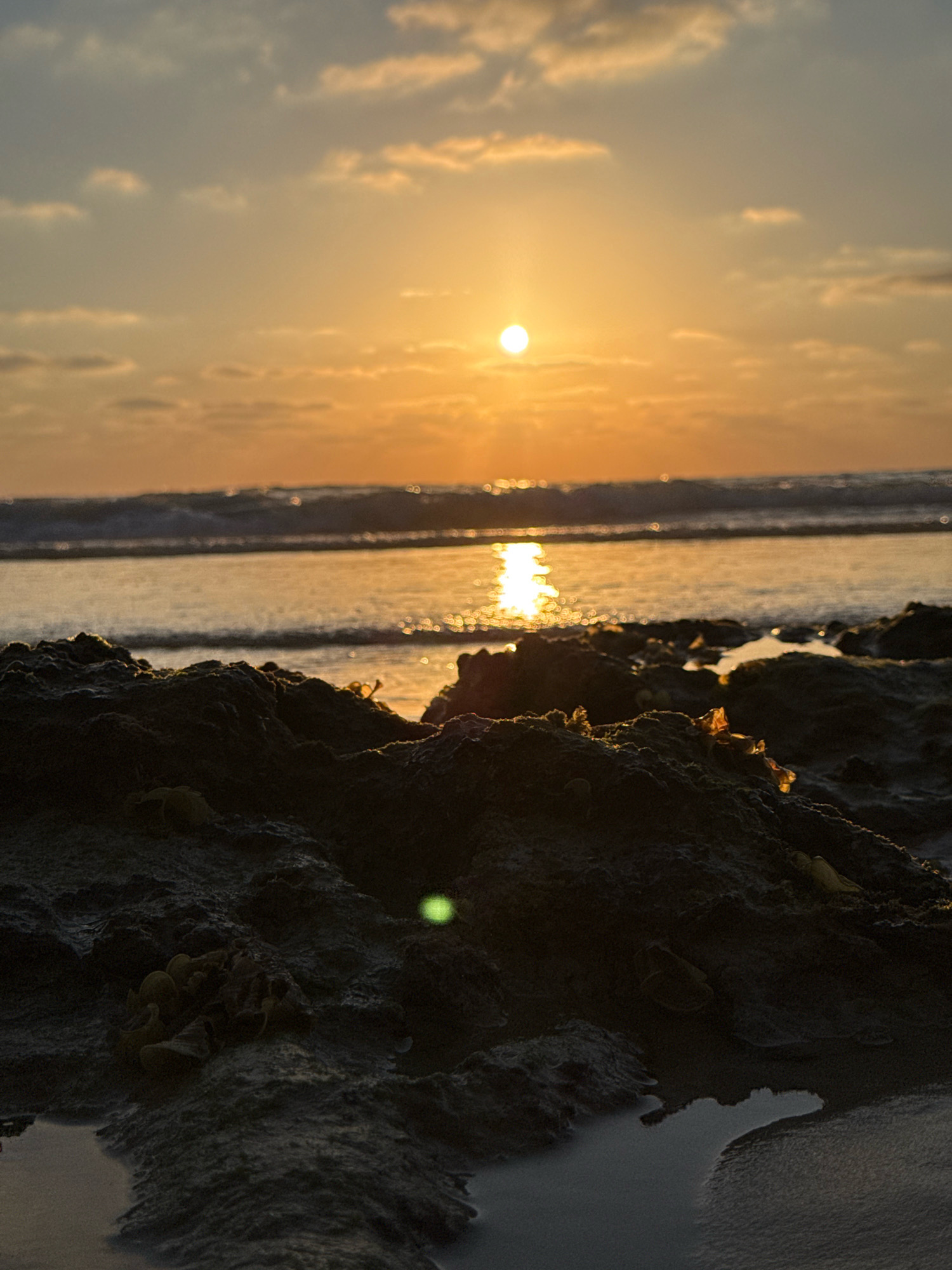 The image depicts a sunset over the Mediterranean Sea in Bat Yam, Israel. In the foreground, dark, textured rocks and pools of water are visible. Beyond the rocks, the sea stretches out, with gentle waves reflecting the warm hues of the setting sun. The sky above is a blend of soft oranges, yellows, and blues, with scattered clouds catching the last light of the day. The sun itself is a bright, radiant orb positioned slightly off-center in the upper portion of the frame, casting a shimmering path of light across the water. The overall scene conveys a sense of natural beauty and tranquility. There are no people or specific landmarks identifiable within the frame to pinpoint the exact location within Bat Yam.
