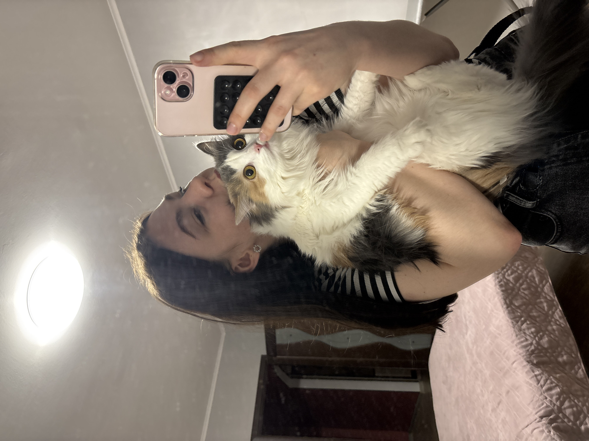A person is taking a selfie in a mirror, holding a fluffy calico cat. The person is holding a pink iPhone with a black textured grip on the back. The person is wearing a striped shirt. The background shows a room with a wooden dresser and a pink quilted bedspread. The location is Perm, Russia.