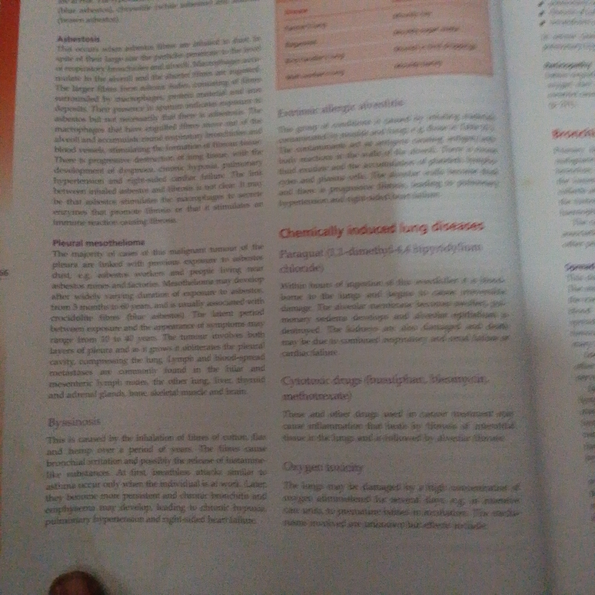 The media file displays a close-up, top-down view of an open book, revealing text in a slightly blurry, light brown hue against a white background. The book's pages are slightly curled, suggesting it has been recently used or is lying open. The text itself appears to be an educational or informational document, likely related to medical topics given the headings visible such as "Asbestosis," "Pleural mesothelioma," "Chemically induced lung diseases," and "Oxygen toxicity." These sections discuss various diseases and their causes, including exposure to asbestos and certain drugs. The overall impression is one of a study or reference material. No people, objects, or specific scenes are depicted, only the text on the pages. The lighting is even, suggesting an indoor environment, but no specific location cues are present beyond the textual content itself.