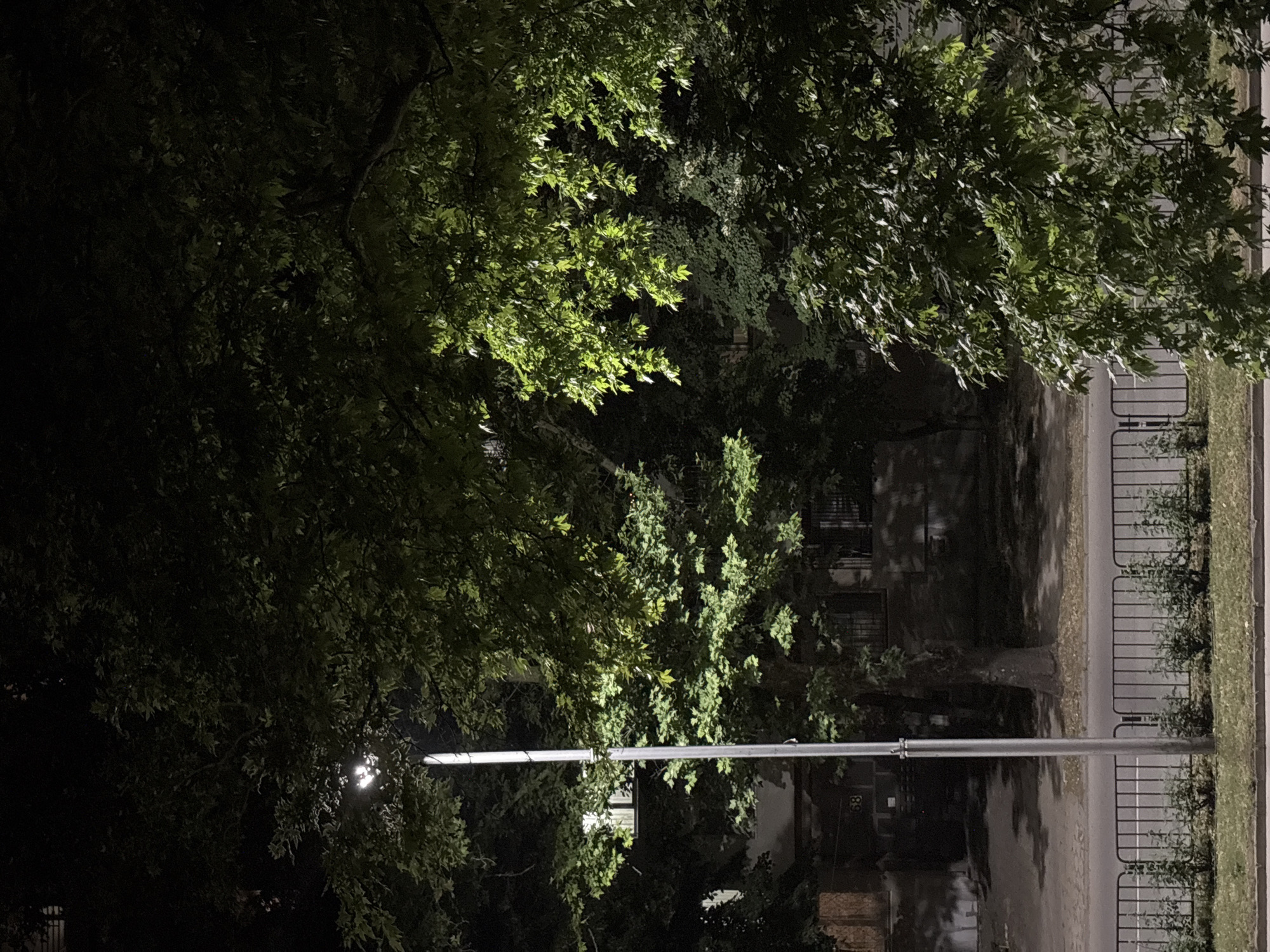 A street light illuminates a building and trees at night. The building appears to be an apartment block, with windows visible and a door with the number "68" above it. A metal fence separates the building from the street, and trees line the sidewalk. The scene suggests a residential area in Plovdiv, Bulgaria.