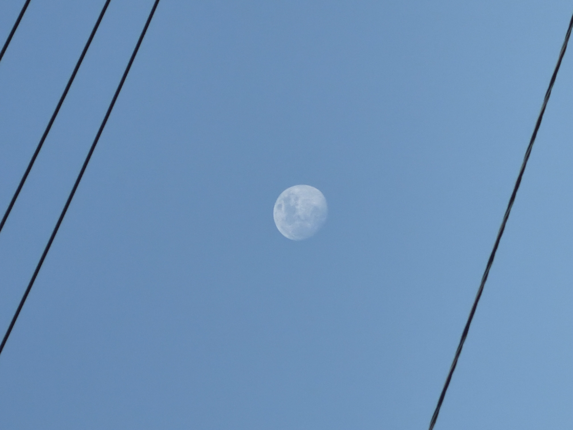 The image shows a light blue sky with a waning gibbous moon visible in the center. Several black power lines intersect the sky on the left and right sides of the frame. The location is supposedly in the city of Chaikovsky, Russia.
