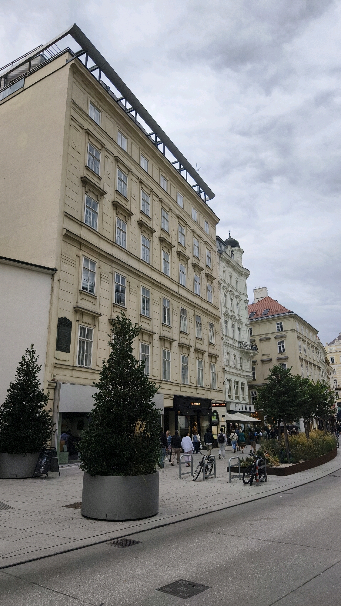 The image shows a street scene in Vienna, Austria, on a cloudy day. The view is from a street level perspective, looking down a paved walkway lined with large planters containing trees. Behind the walkway are several multi-story buildings with classical architecture, featuring light-colored facades and numerous windows. Some of these buildings house shops with awnings and signage. A few people are visible walking on the sidewalk and in front of the shops. Bicycles are parked at bike racks. The street itself is paved and appears to be a road. The overall impression is of a commercial or pedestrian area within a European city.