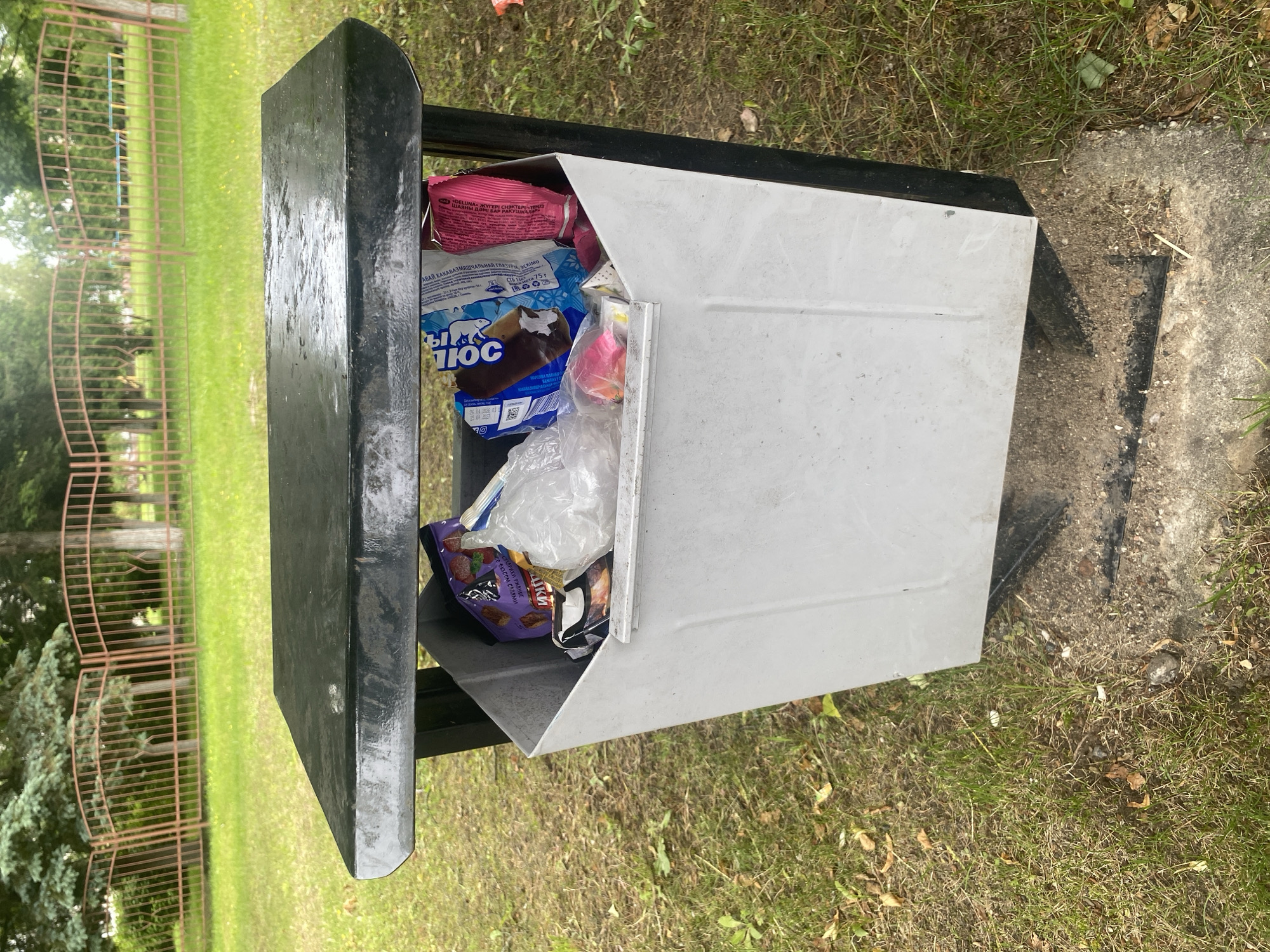 This is a close-up, slightly angled shot of a trash can filled with various items, primarily food wrappers and packaging. The trash can itself appears to be made of metal and is black on the outside with a light-colored, angled lid. Inside, there are several distinct items visible. One prominent item is a blue and white wrapper with an image of a polar bear and text that appears to be in Cyrillic script, including the word "ЛЮС". Another item is a pink-colored wrapper with Cyrillic text, some of which is legible as "АКАВАЗМЯ" and "ШАЯМ ДЖ". There's also a purple wrapper with images of meat products and Cyrillic text. Other items include clear plastic packaging, a brown wrapper with some text, and white paper or plastic. The trash can is situated outdoors, on a patch of grass that shows signs of dry patches and fallen leaves, suggesting a temperate climate and possibly a time of year other than peak summer. In the background, a blurry green grassy area and what appears to be a metal fence or structure are visible. The lighting suggests it's daytime, with diffused light, possibly indicating an overcast or partially cloudy sky. There are no people visible in the image. The overall scene depicts a common urban or park setting where refuse has accumulated.