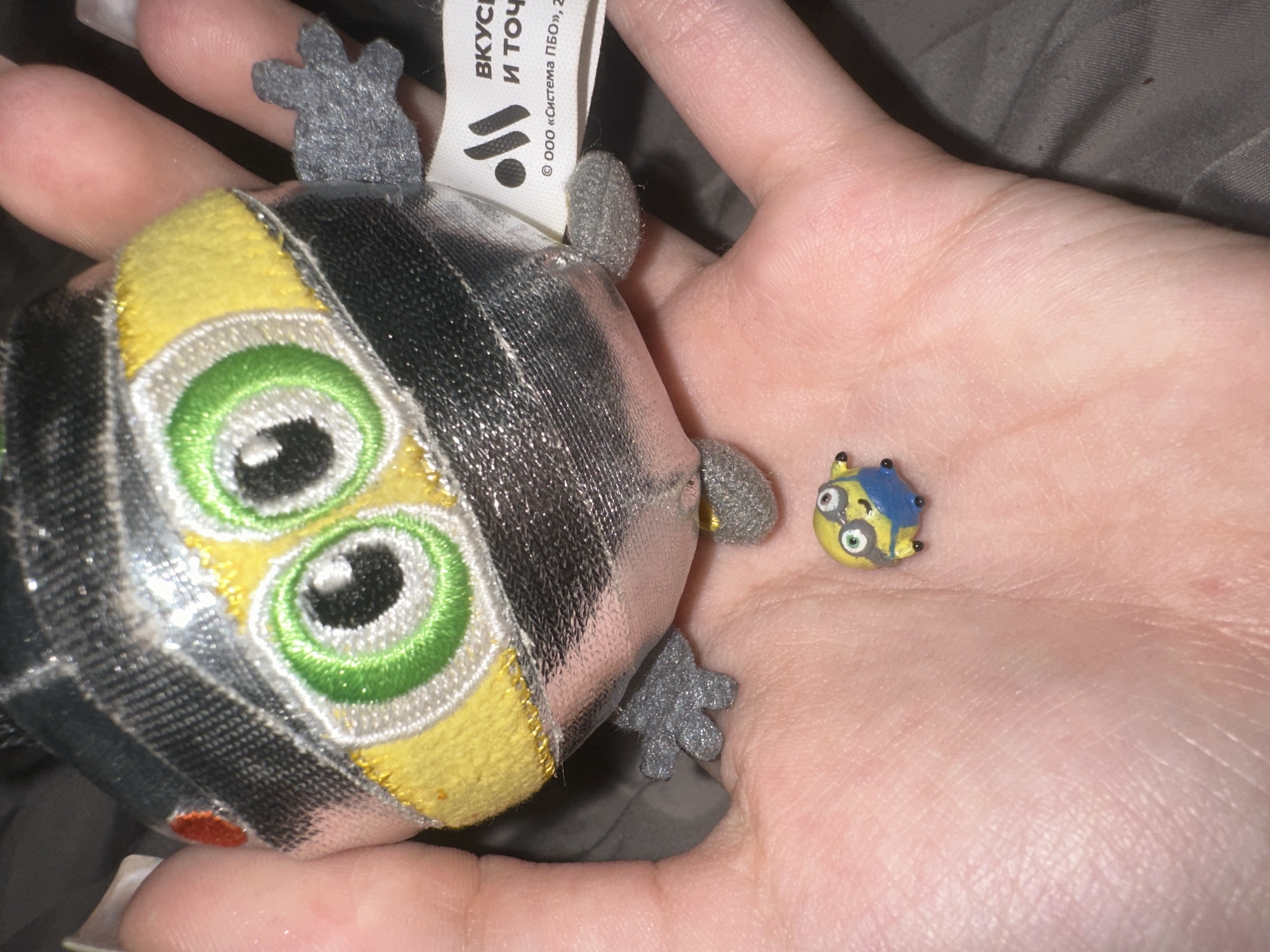 A person's hand is holding two plush toys, one large and one small. The larger toy is silver with yellow and green accents, appearing to be a robot or alien character. It has large green eyes and gray plush hands and feet. Attached to the toy is a white tag with black text and a logo. The smaller toy is a yellow and blue Minion character from the Despicable Me franchise. Both toys are resting on the palm of the hand, which is lightly tanned. The background is a dark, textured surface, likely fabric. There is no information in the image to determine the location within the city of Petropavlovsk-Kamchatsky, Russia.