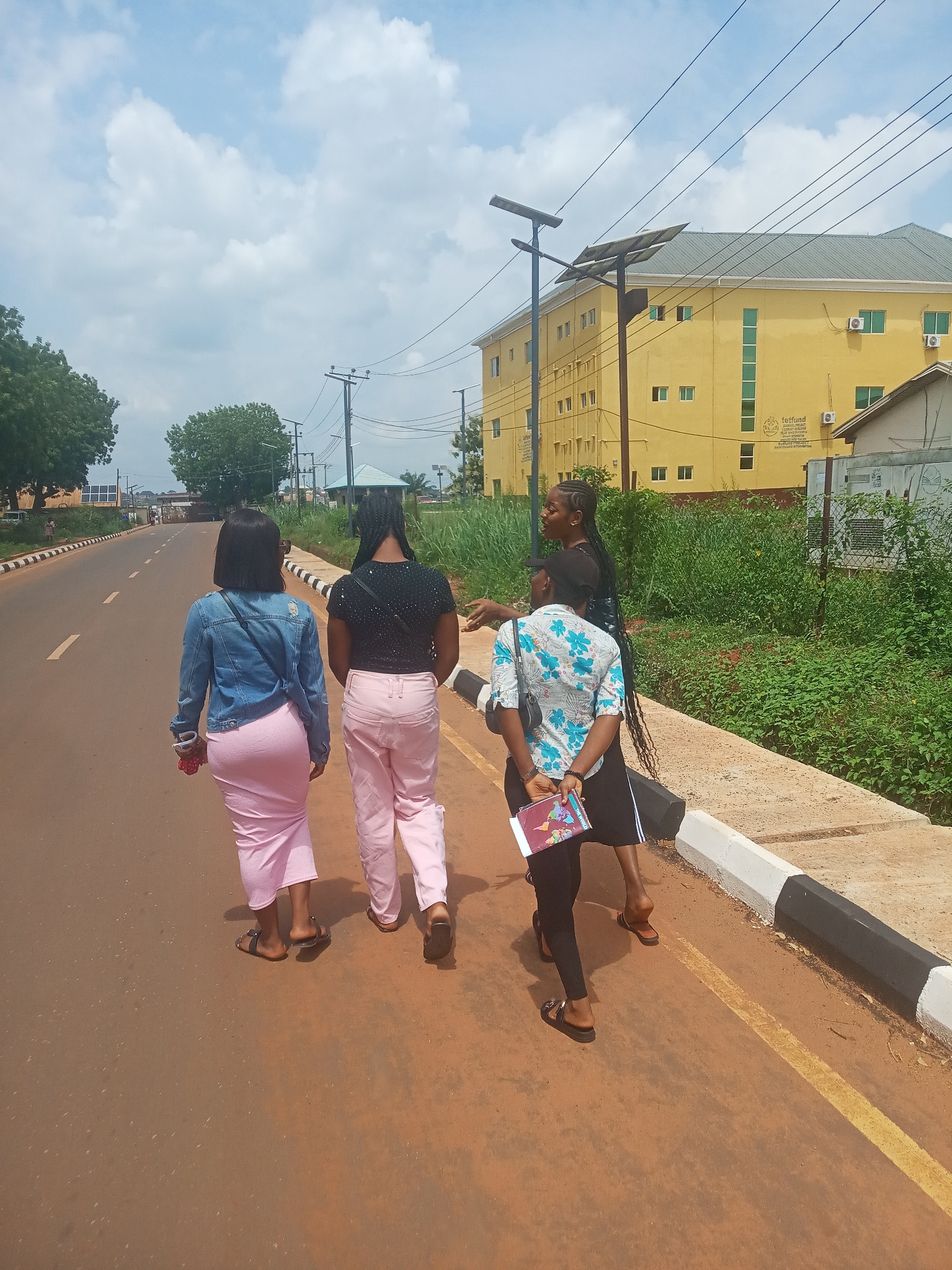 The image depicts four young women outdoors on a paved road in Nkwelle, Nigeria, under a bright, cloudy sky. Two women are seen from behind, walking away from the viewer down the road. The woman on the left wears a light blue denim jacket over a pink ribbed midi skirt and sandals, carrying a small item in her hand. The woman on her right wears a black top and light pink trousers.
Further along the roadside, two other women are standing. One is mostly seen from behind, wearing a light blue and white floral short-sleeved shirt over dark trousers and sandals, holding a book titled "MY WORLD" in her left hand. She is turned slightly towards the fourth woman, who is partially visible on the far right, wearing a black top and dark trousers with long braids, appearing to be conversing.
The setting includes an asphalt road with a yellow centerline and white edge markings, bordered by a concrete sidewalk with black and white painted curbs. Lush green vegetation grows alongside the road and sidewalk. In the background, a large, bright yellow multi-story building with green-tinted windows stands prominently. Several utility poles with power lines and solar-powered streetlights are visible. Text on the yellow building includes "tetfund", "ANNUAL INTERVENTION", "NEEDS ASSESSMENT", "2019 INTERVENTION", and "TETFund PROJECT". The overall scene suggests a casual daytime interaction or journey in a semi-urban environment.