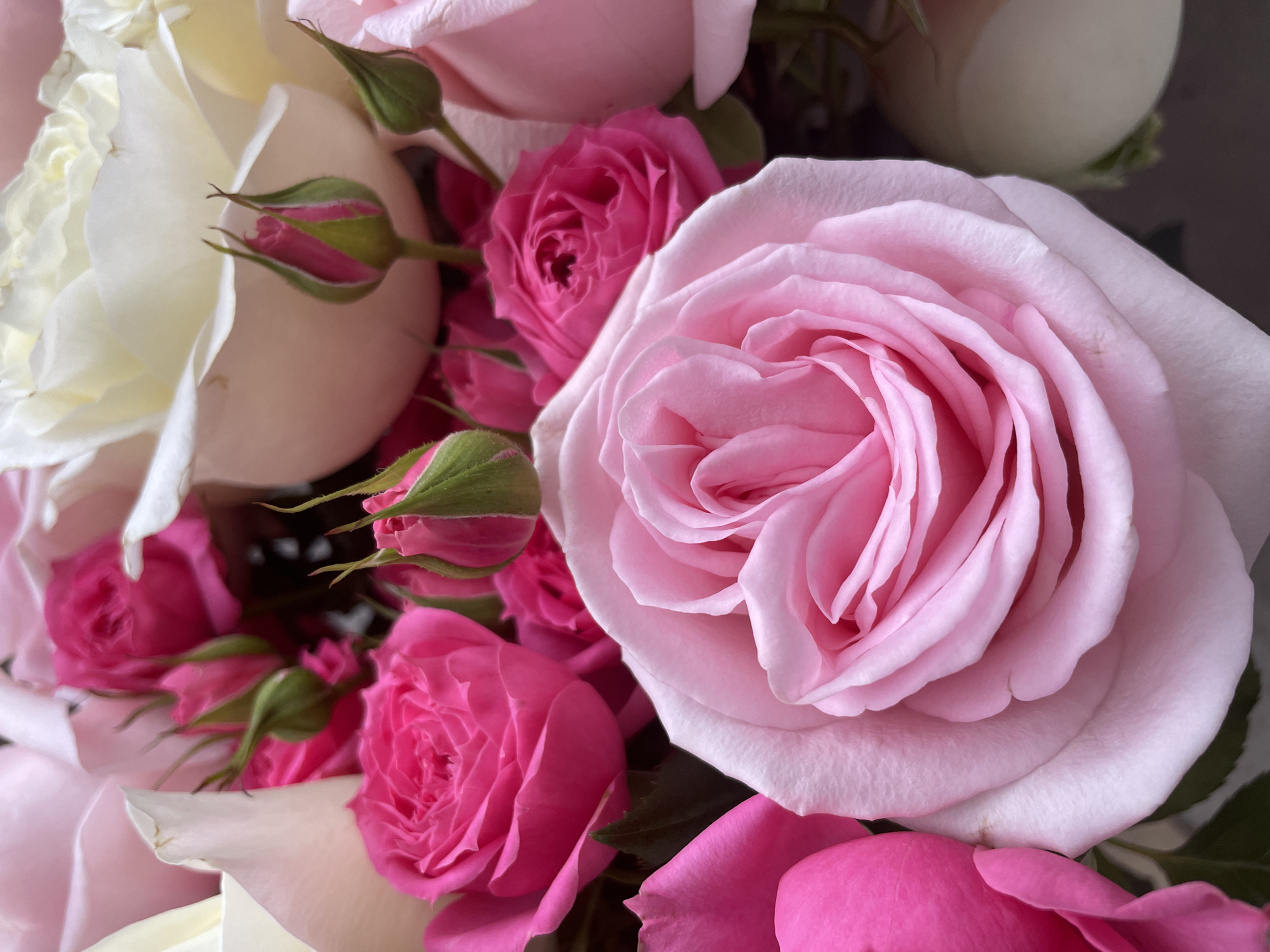 The image shows a close-up of a bouquet of roses. Predominantly pink and white roses are visible. The petals appear soft and delicate. Some roses are fully open, while others are still in bud form. Green sepals are visible around the buds. The background is blurred, suggesting a shallow depth of field. The setting or location in Izhevsk, Russia, cannot be determined from the provided image.