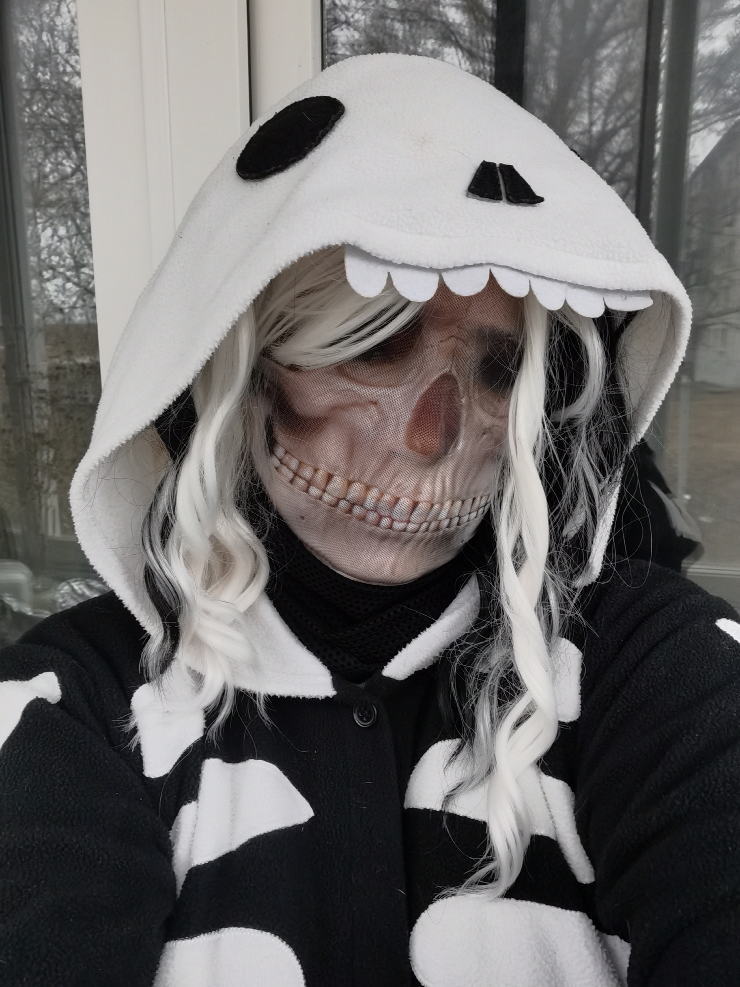 A person is captured in a front-facing portrait, dressed in a full, stylized skeleton or animal-themed costume indoors, positioned near a window. The subject wears a white hooded garment with black oval shapes representing eyes and two small black triangles for a nose, along with white scalloped edges around the face opening that resemble teeth. A long, wavy white wig with some darker strands frames their face. Their actual face is obscured by a translucent mask printed with a realistic skull design, showing eye sockets and prominent teeth, giving a spooky yet artistic effect.
The body of the costume is a black fabric, likely fleece, patterned with large, irregular white shapes that could represent bones or abstract markings. A black button is visible on the front of the garment.
Through the window in the background, bare trees with intricate branch patterns are visible against an overcast, gray sky, suggesting a cold season like late autumn or winter. Faint outlines of distant structures or landscape elements can be seen. The indoor setting features white window frames. There is no visible text. The overall scene depicts a person in a playful or themed costume, potentially for an event like Halloween, in Chaikovsky, Russia.