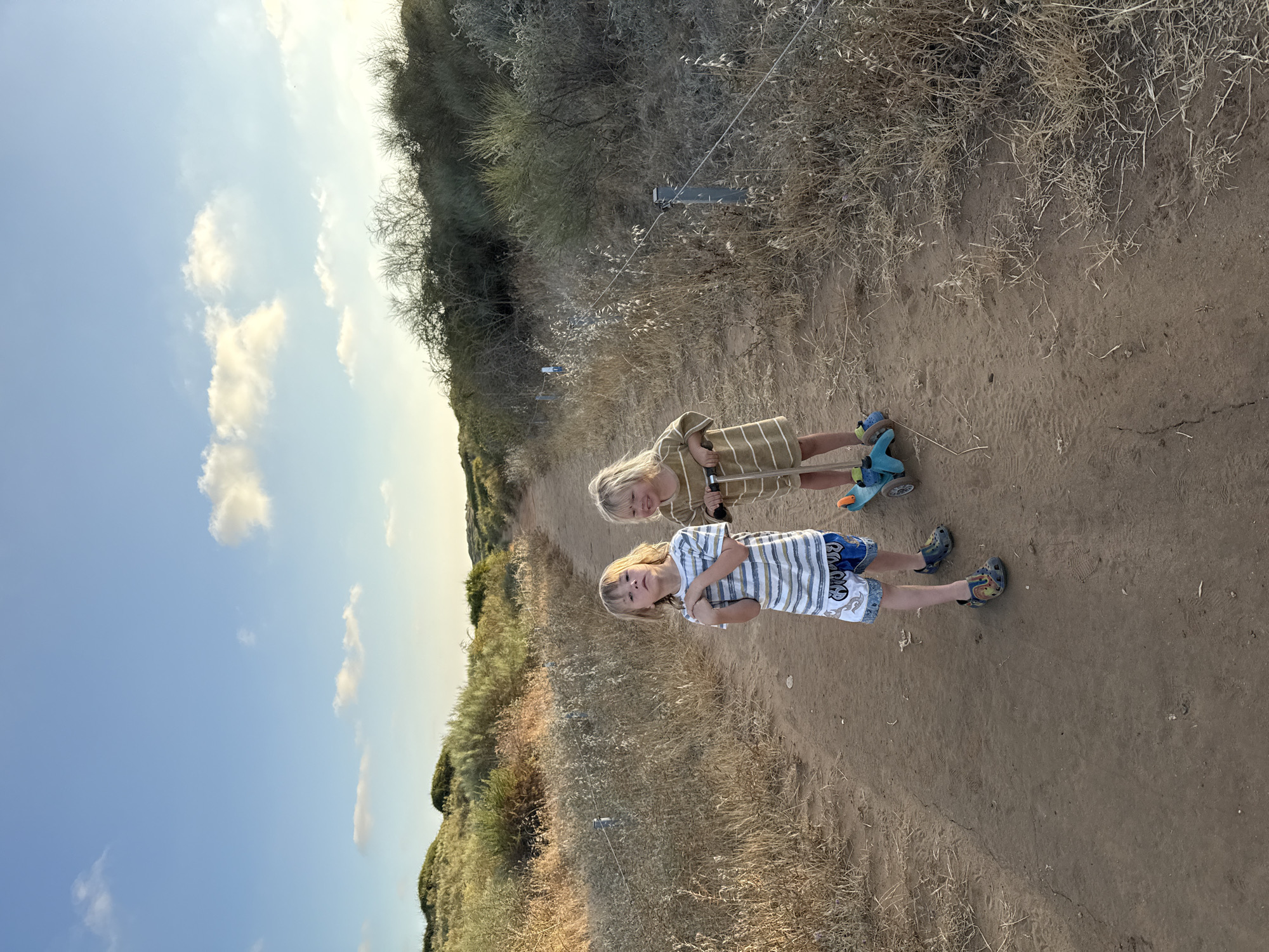 Two young children, both with blonde hair, are standing on an unpaved dirt path in an outdoor, natural setting. The image is oriented vertically, showing the path leading away from the viewer towards a gentle incline on the right.
The child in the foreground, on the left, is wearing a striped short-sleeved shirt with white, blue, and light brown stripes, blue and white patterned shorts, and blue and yellow patterned clogs. He stands with his hands clasped in front of him, looking directly at the camera with a slight smile.
Behind him, on the right side of the path, is another child wearing a striped long-sleeved top or dress in tan/gold and white. This child is holding onto a scooter or similar wheeled toy, only a blue wheel and part of the frame are visible. They are also looking towards the camera and smiling.
The path is flanked by sparse, dry vegetation, including grasses and small shrubs, suggesting an arid or semi-arid environment. A thin white wire or string is visible stretching across the mid-ground, suspended between what appear to be two small dark stakes or poles. The background features a clear blue sky with scattered white clouds, and more of the gentle, vegetation-covered slope.
The warm, soft lighting indicates late afternoon or early evening. The children appear happy and relaxed, posing for the photograph. The scene suggests a pleasant outing on a nature trail or in a dune area, consistent with the provided location context of Netanya, Israel. No visible text is present in the image.