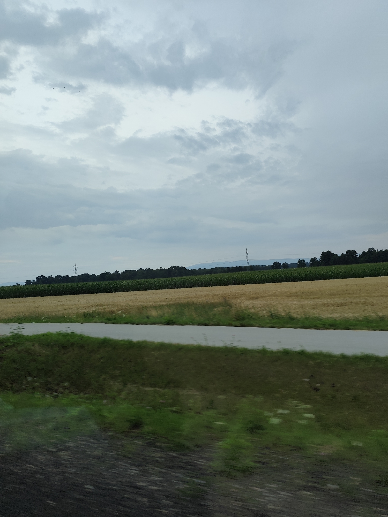 The image depicts a rural landscape under an overcast sky. In the foreground, a blurred area suggests motion, possibly from a vehicle, showing dark gravel and green vegetation. A paved road runs through the middle ground, bordered by green grass. Beyond the road, a field of golden grain, likely wheat or barley, stretches across the frame. Further in the distance, a dark green field, possibly corn, is visible, followed by a line of dark trees. A tall, slender electrical pylon stands out against the treeline, and faint mountain ranges can be seen on the horizon. The sky is filled with heavy, grey clouds. The image does not contain any people or specific urban features that would allow for identification of the city of Poręba, Poland.