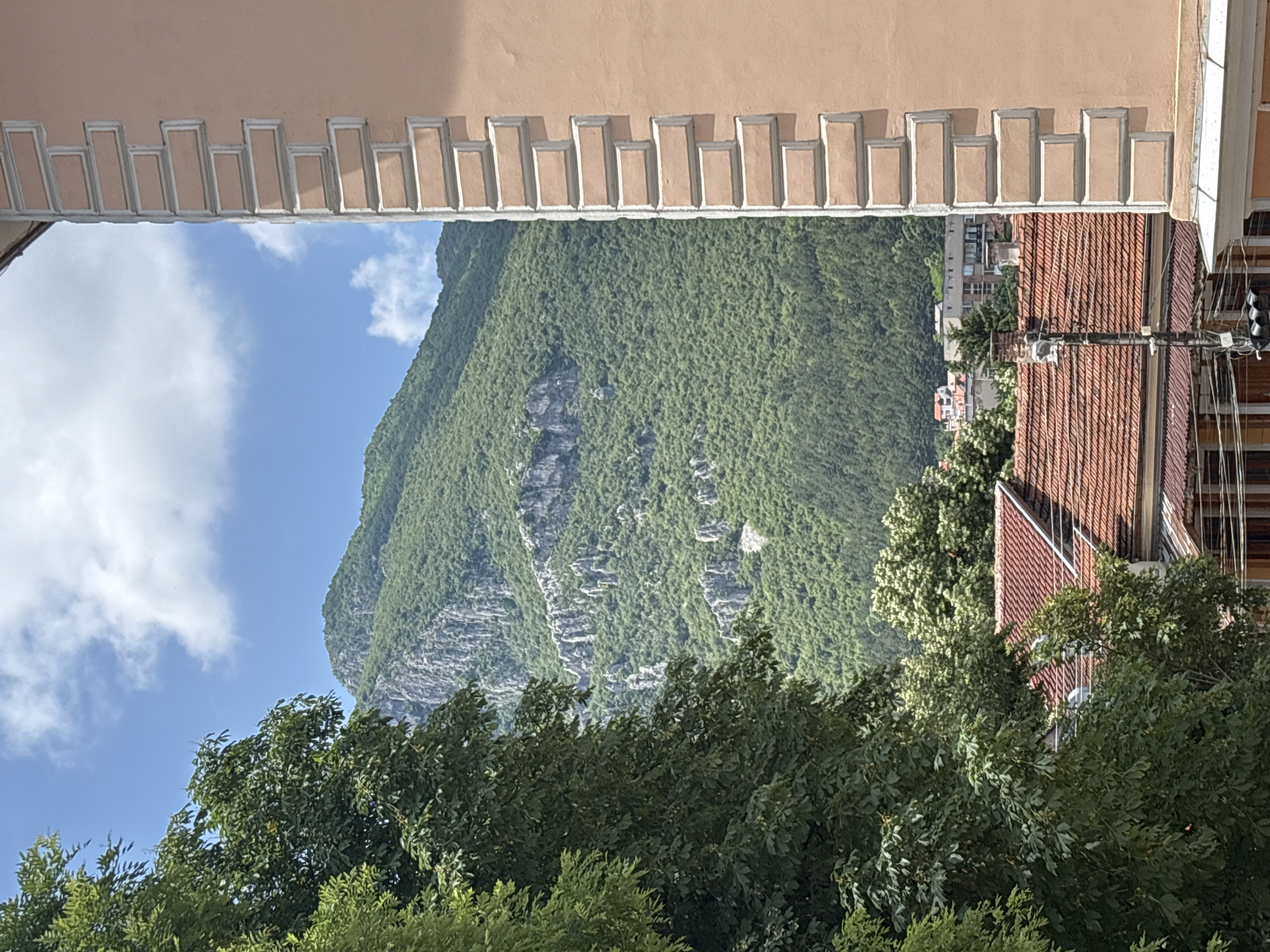 The image presents a scenic daytime view, likely captured from an elevated position such as a window or balcony, overlooking a town towards a prominent mountain.
In the upper foreground, a light-brown architectural element, possibly the underside of an eaves or balcony, frames the top of the scene. It features a decorative frieze composed of repeating rectangular relief patterns, bordered in white.
Below this architectural frame, a clear blue sky with scattered white cumulus clouds is visible on the upper left. The dominant feature of the mid-ground and background is a large, verdant mountain. This mountain is densely covered in a variety of green trees and foliage, exhibiting patches of lighter and darker green. Distinct horizontal bands of exposed grey rock faces interrupt the vegetation, showcasing the mountain's rugged geology.
Towards the right mid-ground, nestled at the base of the mountain and partially obscured by a thick canopy of green trees, are several residential buildings. These structures are characterized by their traditional red-tiled roofs. On the far right, a utility pole with multiple wires and a traffic light assembly is also visible, indicating an urban or semi-urban environment.
The scene is bathed in bright, natural daylight, suggesting a clear day. No human activity or individuals are visible. The landscape, combining mountainous terrain with residential areas, aligns with the provided context of Vratsa, Bulgaria. There is no visible text in the image.