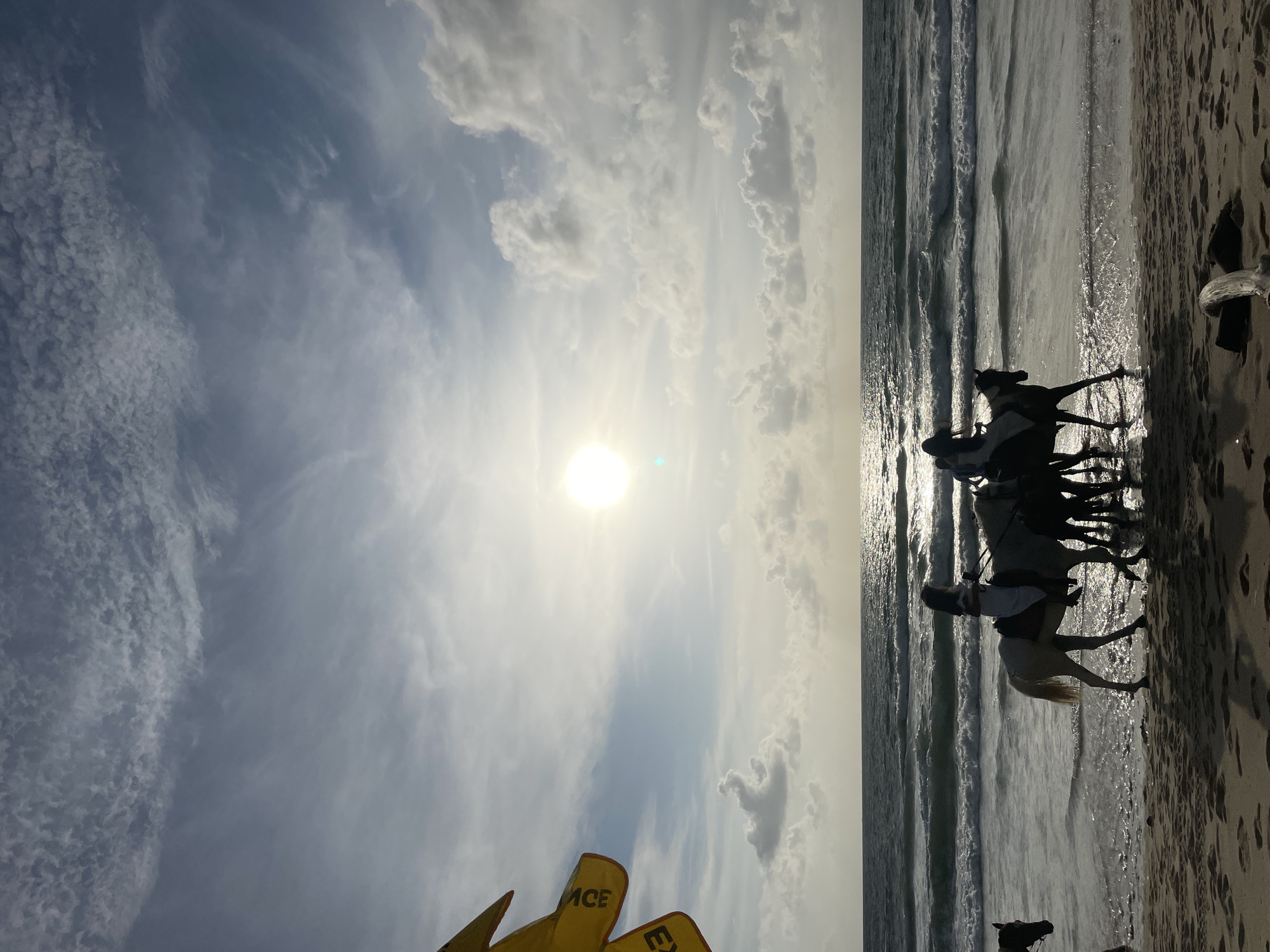 A horizontal medium shot captures a sunny day at the beach in Choeng Thale, Thailand. Four horses are ridden along the shoreline, with two horses visible in full and two partially in the background. The horses and riders appear as silhouettes against the sun's reflection on the water. The sky is partly cloudy, with the sun centrally positioned, casting a bright glare. The beach is dark, and the water reflects the sunlight, creating a shimmering effect. Yellow objects are visible at the bottom left corner.