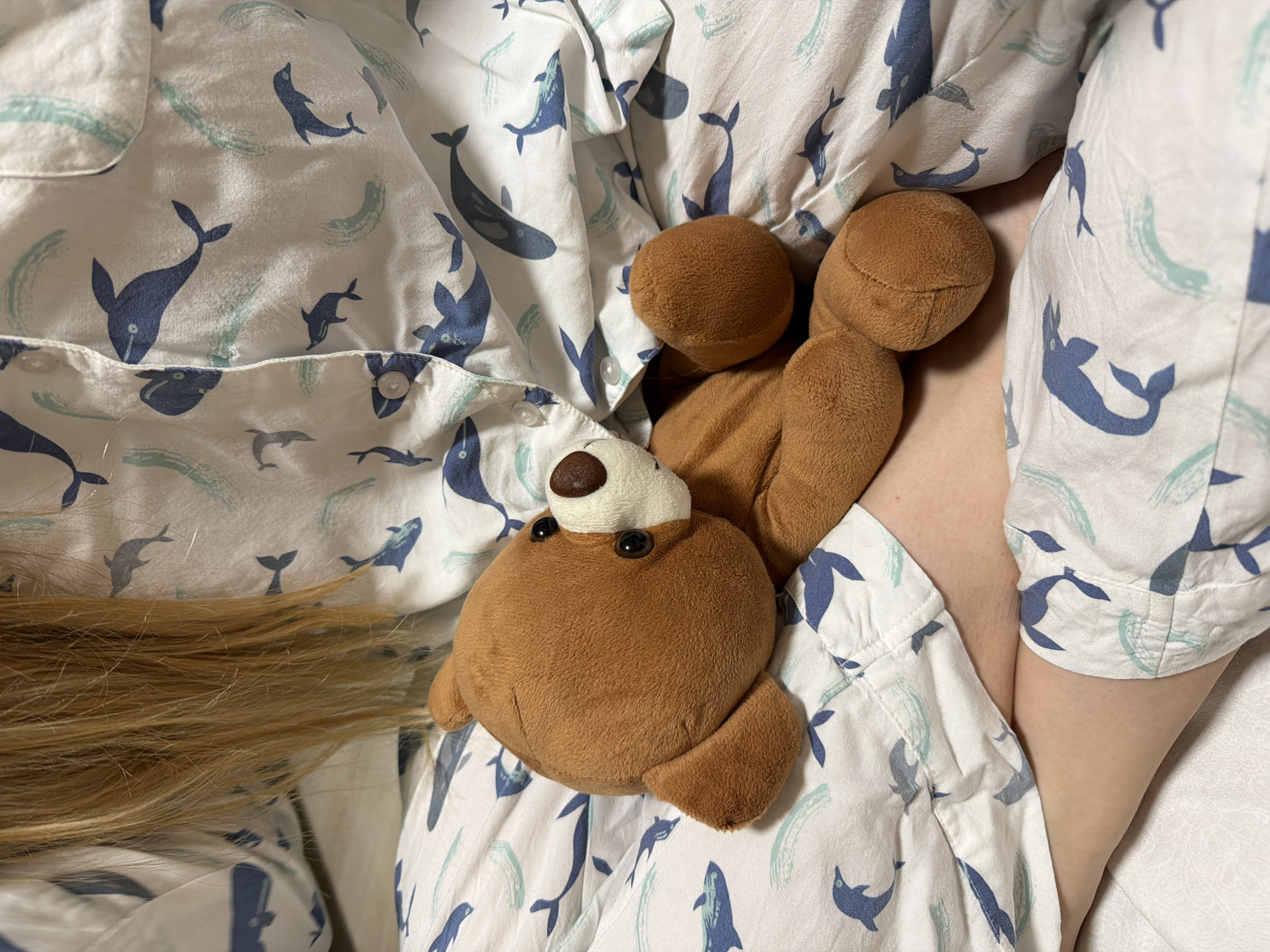 A close-up shot shows a person lying in bed with a plush brown bear resting on them. The person is wearing pajamas with a white background and a pattern of blue whales and teal brushstrokes. A strand of light brown hair is visible to the left of the bear. The person is holding the bear. The location is not discernible from the image.