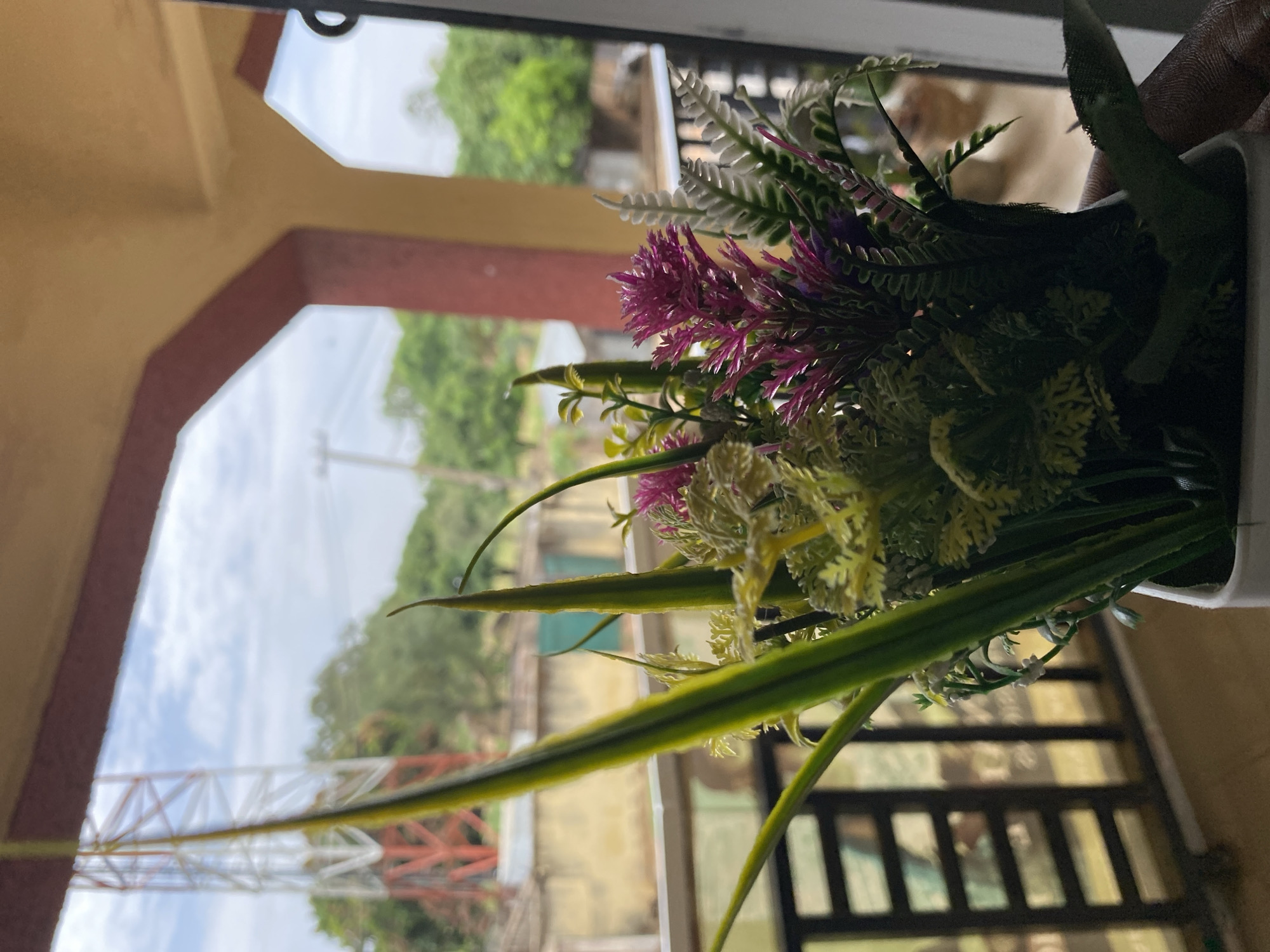 The image shows a potted artificial plant with purple and green foliage, placed on a windowsill inside a building. In the background, a view through the window reveals a partial view of the city of Bukuru, Nigeria. A large communication tower is visible against a cloudy sky, situated amongst green trees and buildings. Part of the building's architecture is visible on the left side of the image. A partially visible black metal grille, maybe part of a window or door, is on the right side.