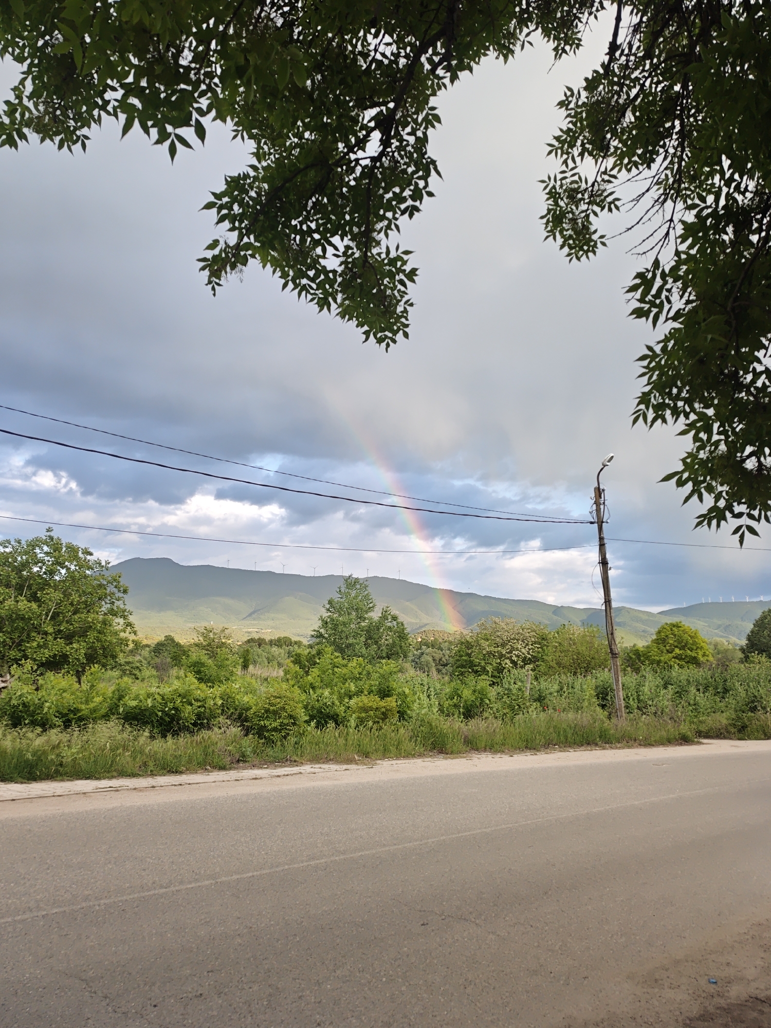 A low-angle, wide shot captures a rural road scene under a partly cloudy sky featuring a faint rainbow. The road, occupying a significant portion of the lower frame, appears asphalt and extends into the distance.
On either side of the road, lush greenery extends up to the base of distant hills. Wind turbines are visible on the hills. Above the landscape, a rainbow arches across the sky. Power lines run parallel to the road, obscuring some of the scenery. A utility pole stands to the right of the frame, further emphasizing the infrastructure. Tree branches with green leaves frame the top of the image, providing a natural border to the composition.
The scene is composed with attention to depth, utilizing the road and natural landscape to lead the eye toward the distant hills and sky. No people or animals are visible.