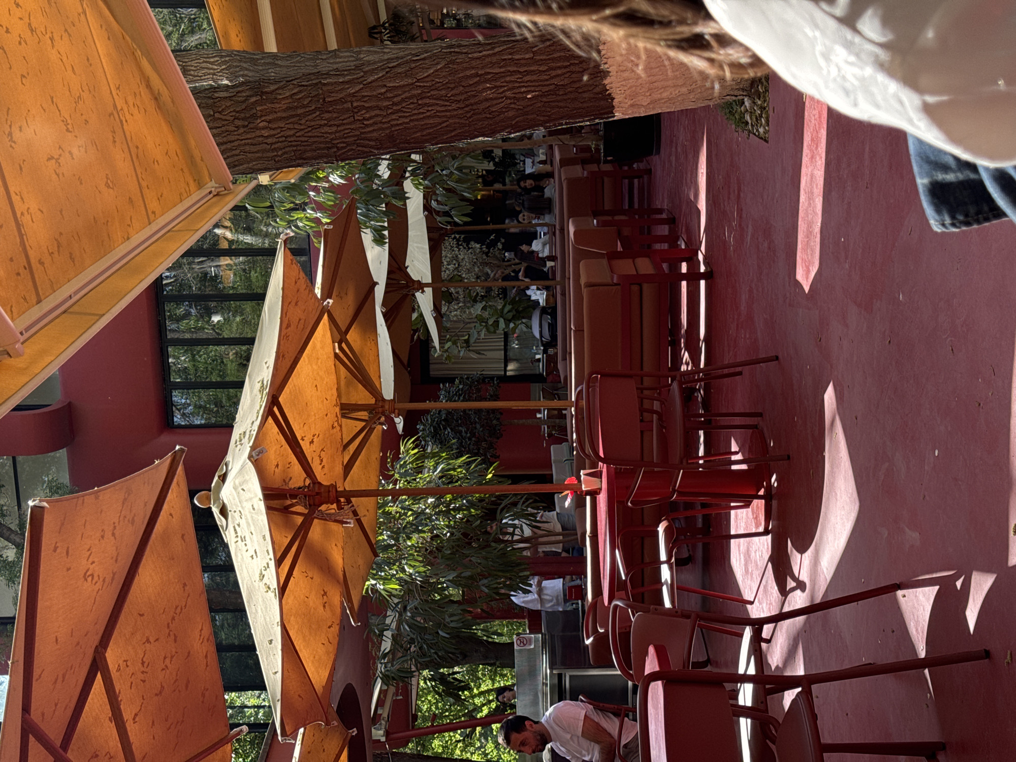 The image captures an outdoor dining area. The floor is red and sunlight creates prominent shadows. Tables and chairs, also red, are arranged in rows. Umbrellas provide shade. People are seated at tables, enjoying meals, or are serving as staff. Trees and potted plants add greenery to the scene. The image may be situated in Yerevan, Armenia, but without further context clues this may not be accurate.
