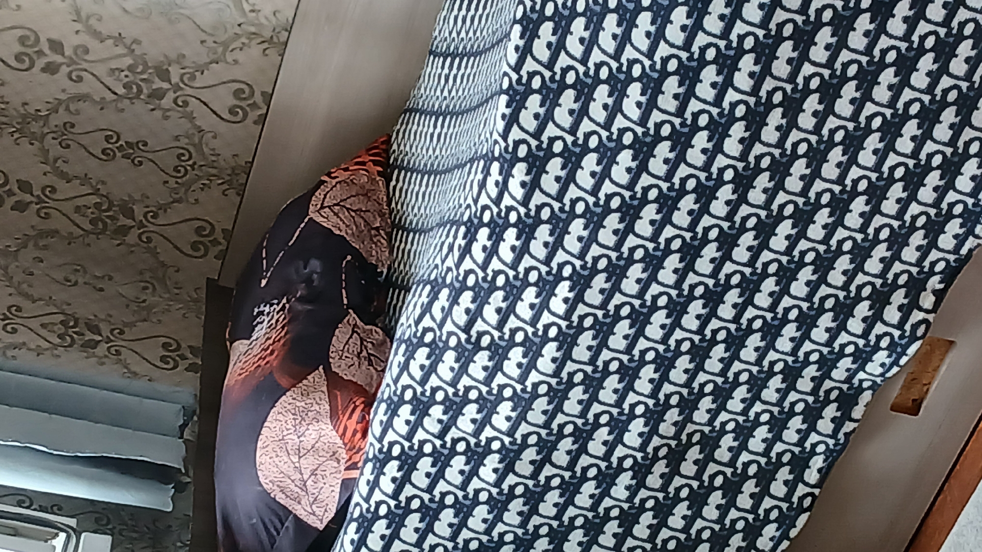 A bed is covered with a navy blue and white patterned duvet. The pattern consists of a repeating "CD" logo. A pillow with a brown and black leaf pattern is visible at the head of the bed. The bed is situated in a room with light blue curtains and patterned wallpaper. The location is specified as Stepnoye, Kyrgyzstan.