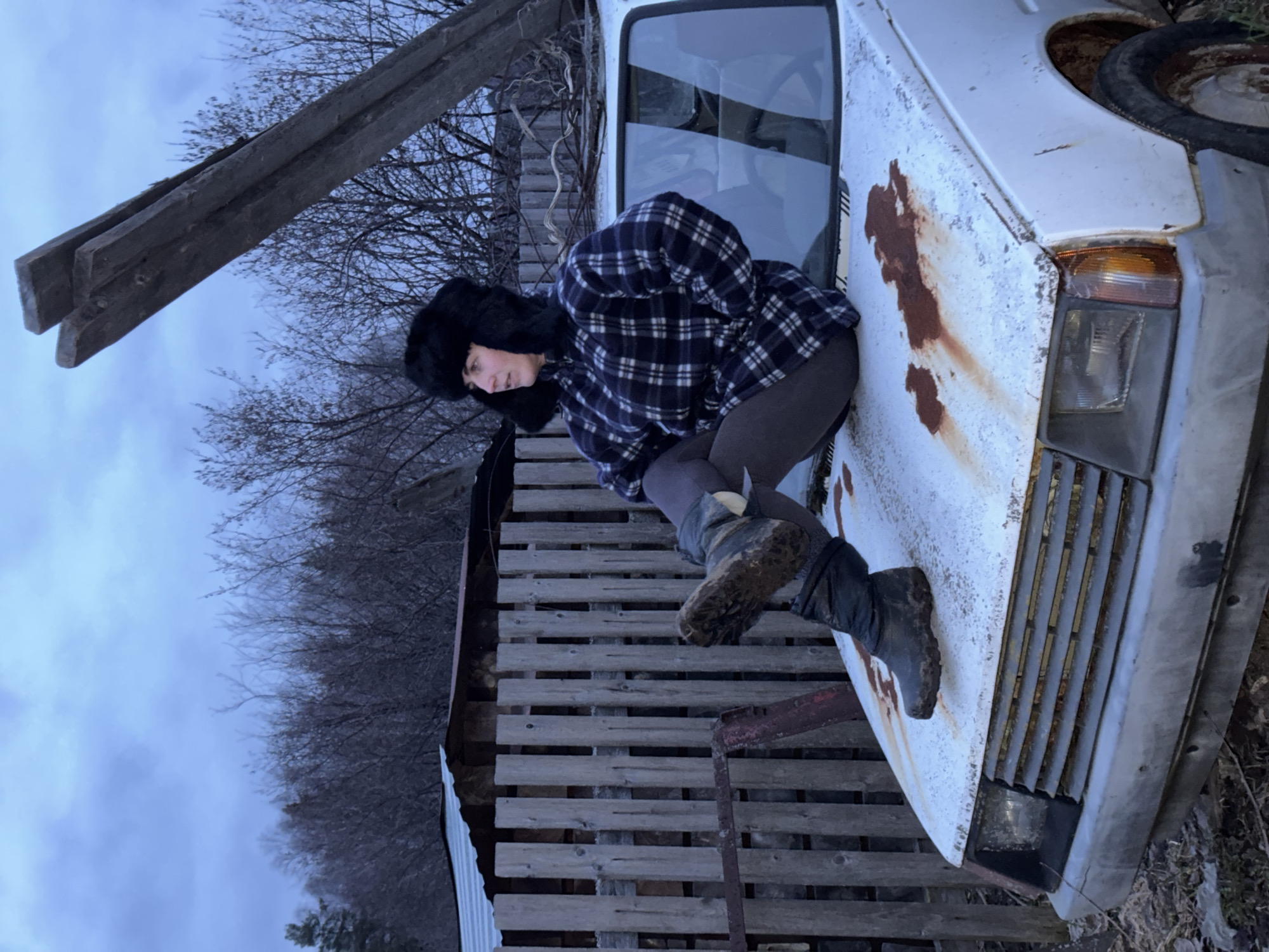 An outdoor portrait captures a person sitting on the heavily rusted white hood of an old, derelict car in what appears to be Вассята, Russia. The person, likely a young woman, is dressed for cold weather, wearing a dark blue and white plaid flannel shirt, dark grey leggings, and a black furry ushanka-style hat. Her dark boots are visibly muddy. She is seated with her legs bent, looking off to her left with a neutral expression.
The car's hood is extensively covered in reddish-brown rust, and its front headlight, grille, and a spare tire in the rear storage area are visible, all showing signs of age and neglect. Behind the person and the car, a rustic structure built from wooden pallets or rough planks suggests a shed or fence. Bare, leafless trees are silhouetted against a pale, overcast blue-grey sky, indicating a cold season. A thick, weathered wooden beam or plank diagonally crosses the upper left portion of the frame. The scene conveys a rustic, rural, and somewhat desolate atmosphere under diffused daylight. No visible text is present.