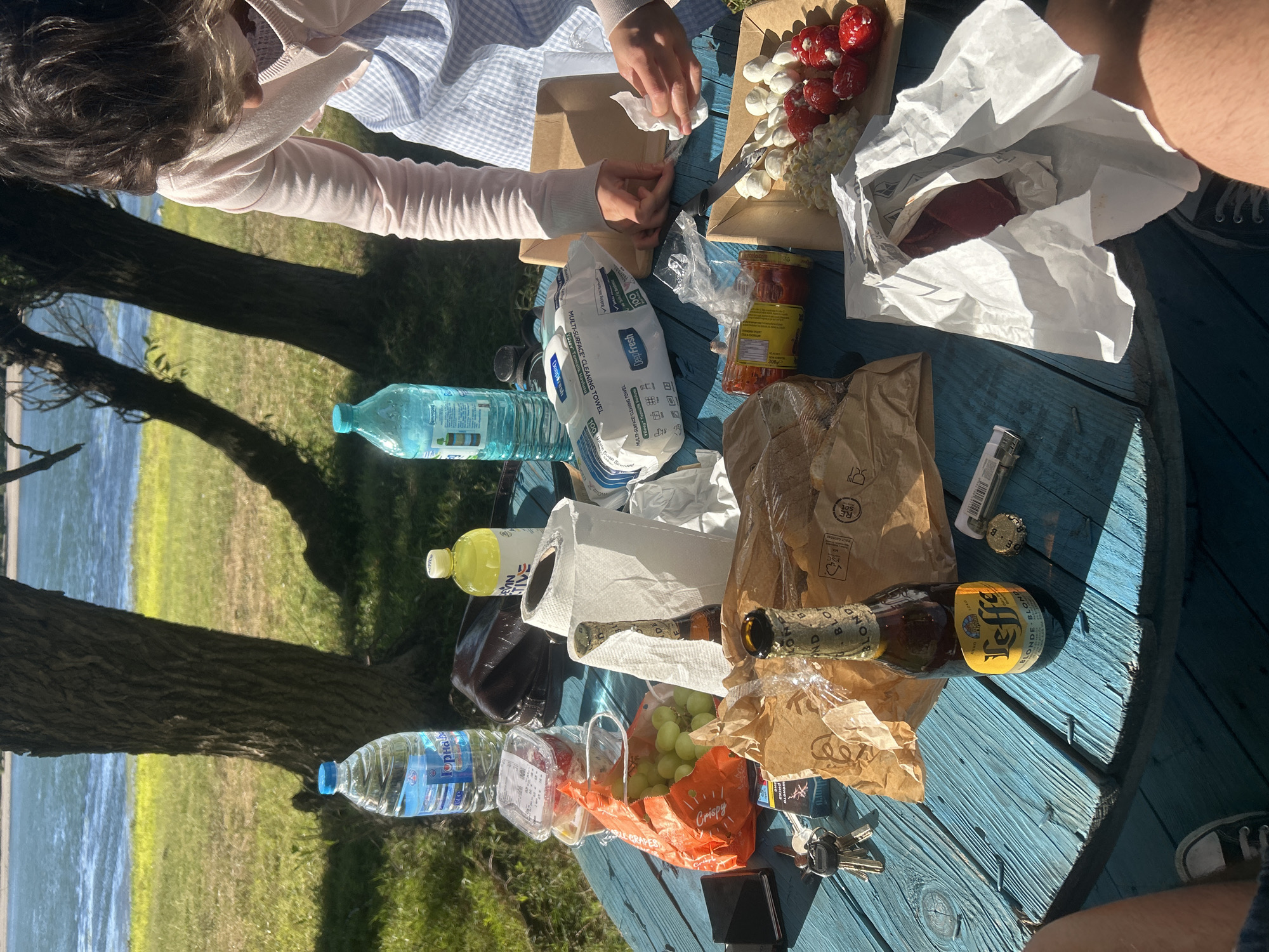 The image depicts a picnic scene set on a vibrant blue wooden picnic table, situated outdoors in Florentin, Bulgaria, near a body of water and grassy area with trees. A woman, partially visible from the back, is wearing a light pink cardigan over a blue and white checkered apron. Her hands are engaged in handling a white paper napkin. On the table are various items: two bottles of water, one with a blue cap and a label in Cyrillic script, and another with a yellow cap. There's a roll of paper towels, a pack of cleaning wipes, a small container of fruit, a bag of green grapes, two bottles of Leffe Blonde beer (one open, one sealed), a package of small red appetizers with white cheese balls, a small container of what appears to be a dip or spread, a brown paper bag, and some crumpled brown paper. Also present are a wallet or phone, a set of keys, a pack of cigarettes and a lighter, and a metallic object. The overall atmosphere suggests a casual outdoor meal in a scenic location.
