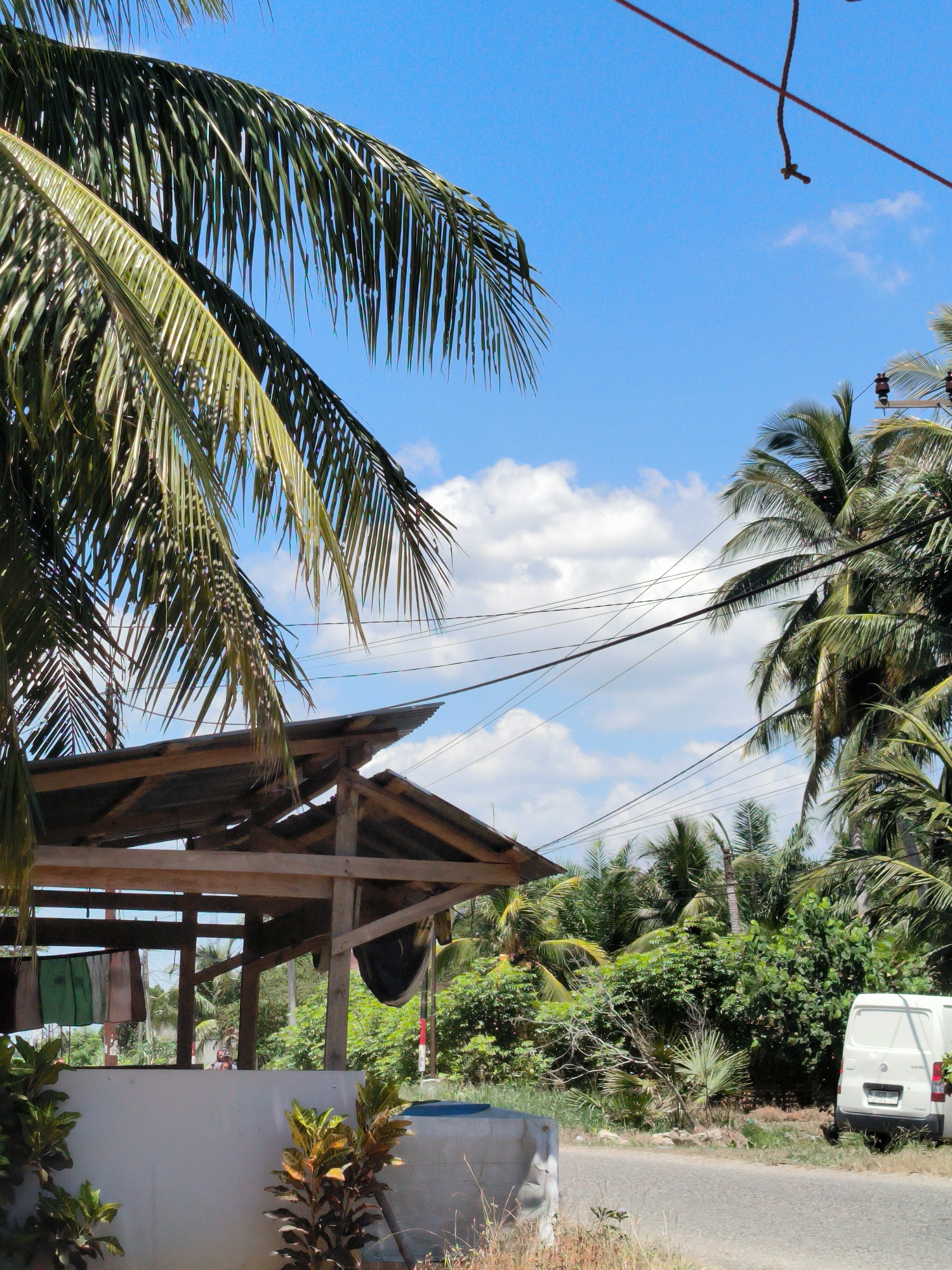 A scene in Merbopuntong, Indonesia, shows a partially constructed wooden shelter with a corrugated metal roof and clothing hanging inside. The structure sits behind a low concrete wall with decorative plants. Lush tropical vegetation and palm trees dominate the background, with power lines running across the sky. A white van is parked on the roadside. The sky is blue with scattered clouds.