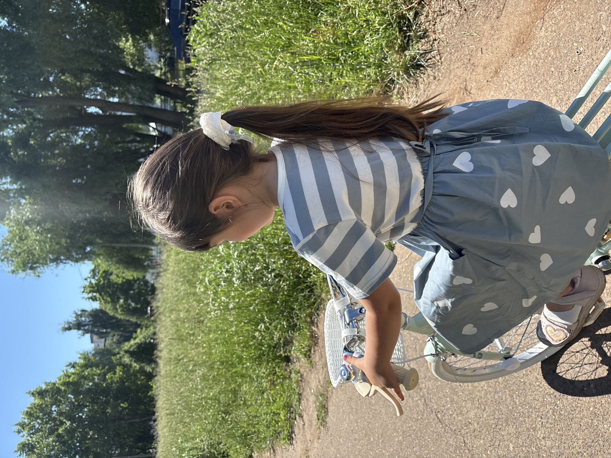 An outdoor shot shows a young girl with long brown hair tied in a ponytail with a white scrunchie, riding a light blue bicycle on a paved path. The girl is facing away from the camera, looking to her left. She is wearing a white and blue horizontally striped t-shirt and a light blue skirt with white heart patterns. Her left hand is on the bicycle's handlebars, which are equipped with a white basket. In the background, there is lush green grass, trees, and a clear blue sky. A dark-colored car is visible parked behind some trees on the right side of the image.
