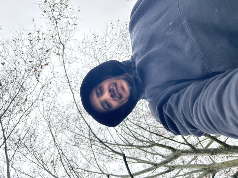 The image captures a male subject in an outdoor setting in Schiltigheim, France. The individual, appearing to be in his 20s or 30s with dark hair and stubble, is featured in a low-angle, eye-level shot, suggesting a selfie. He is wearing a dark-colored hooded sweatshirt with the hood up. He exhibits a smile, revealing his teeth. Small white particulate matter, consistent with light precipitation such as rain or snow, is visible on his hoodie and hair. The background consists of numerous bare tree branches with sparse, dried leaves against an overcast, light grey sky, indicating a late autumn or winter environment.
