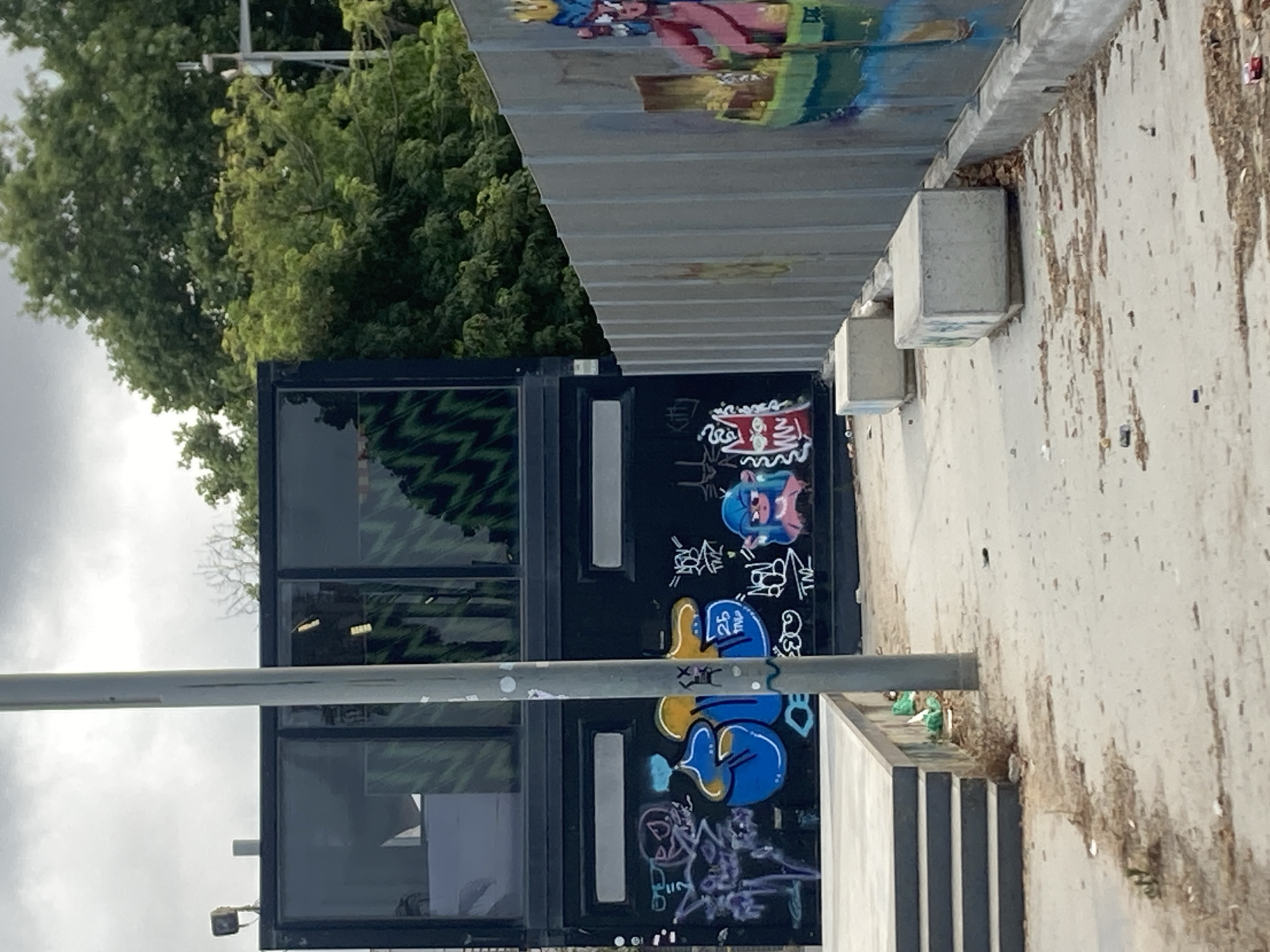 The image shows an outdoor scene, likely a skatepark, with graffiti art on a black wall and a metal fence. In the foreground, a concrete pathway is visible with some debris and dry leaves scattered around. To the left, there are concrete steps leading up to a raised platform. In the middle ground, a two-story modular building with large windows is covered in various graffiti tags and characters. A tall, gray pole stands in front of the building. To the right, a metal fence is also adorned with colorful graffiti, including a depiction of a figure with a crown. The background features lush green trees under an overcast sky.
This image was taken in Badalona, Spain. Specifically, it is the skatepark located in the Parc del Gran Sol, in the neighborhood of La Salut. The modular building is part of the community center facilities within the park.