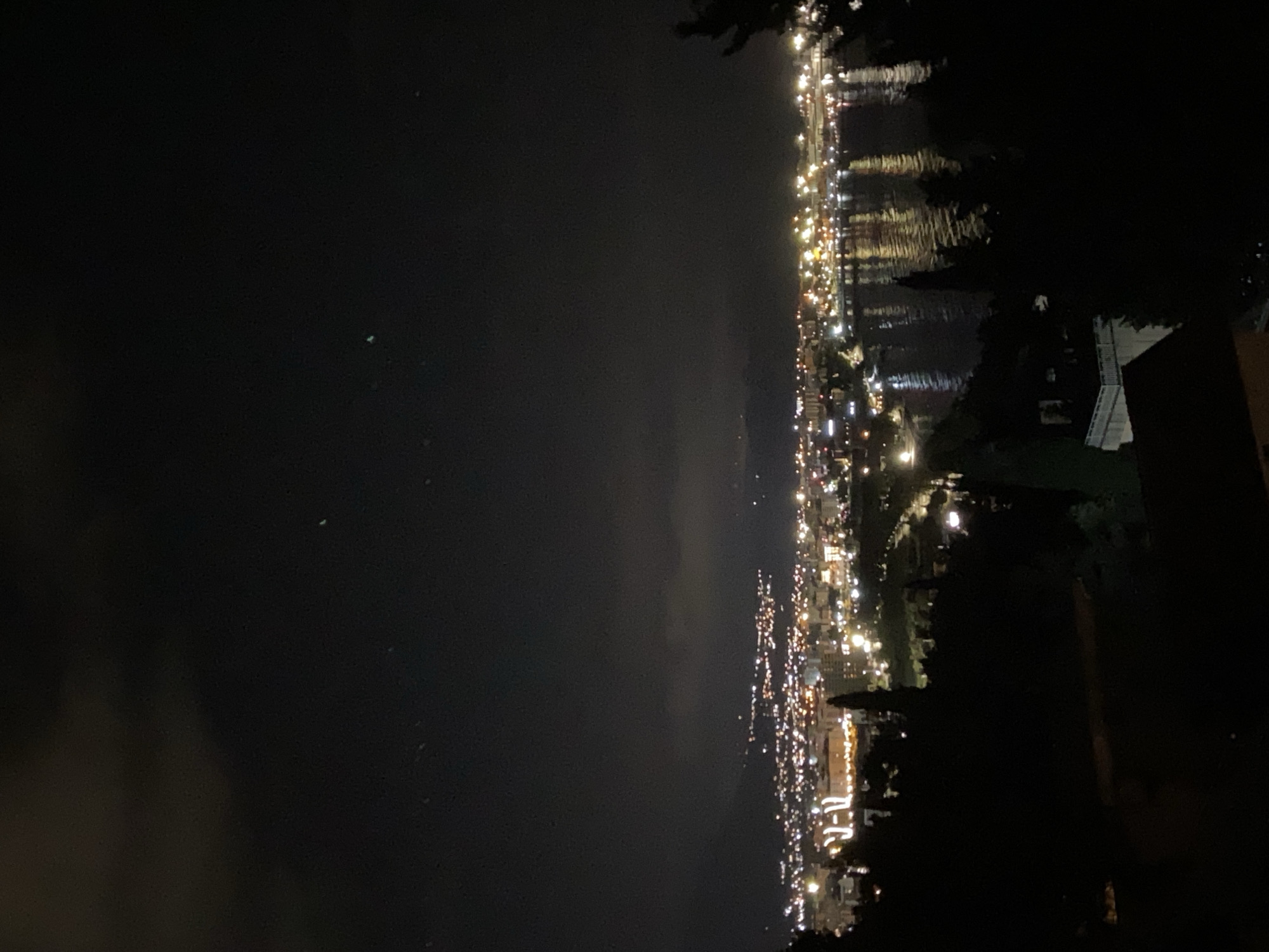 The image depicts a nighttime view of the city of Šušanj, Montenegro, as seen from an elevated perspective. A dark, cloudy sky occupies the left portion of the frame. The city, characterized by dense clusters of lights, stretches along the coastline to the right, with the reflection of the city lights visible on the water. Silhouetted trees and a portion of a building are visible in the foreground on the right side of the image, suggesting the viewpoint is from a garden or balcony. No people are visible in the image.