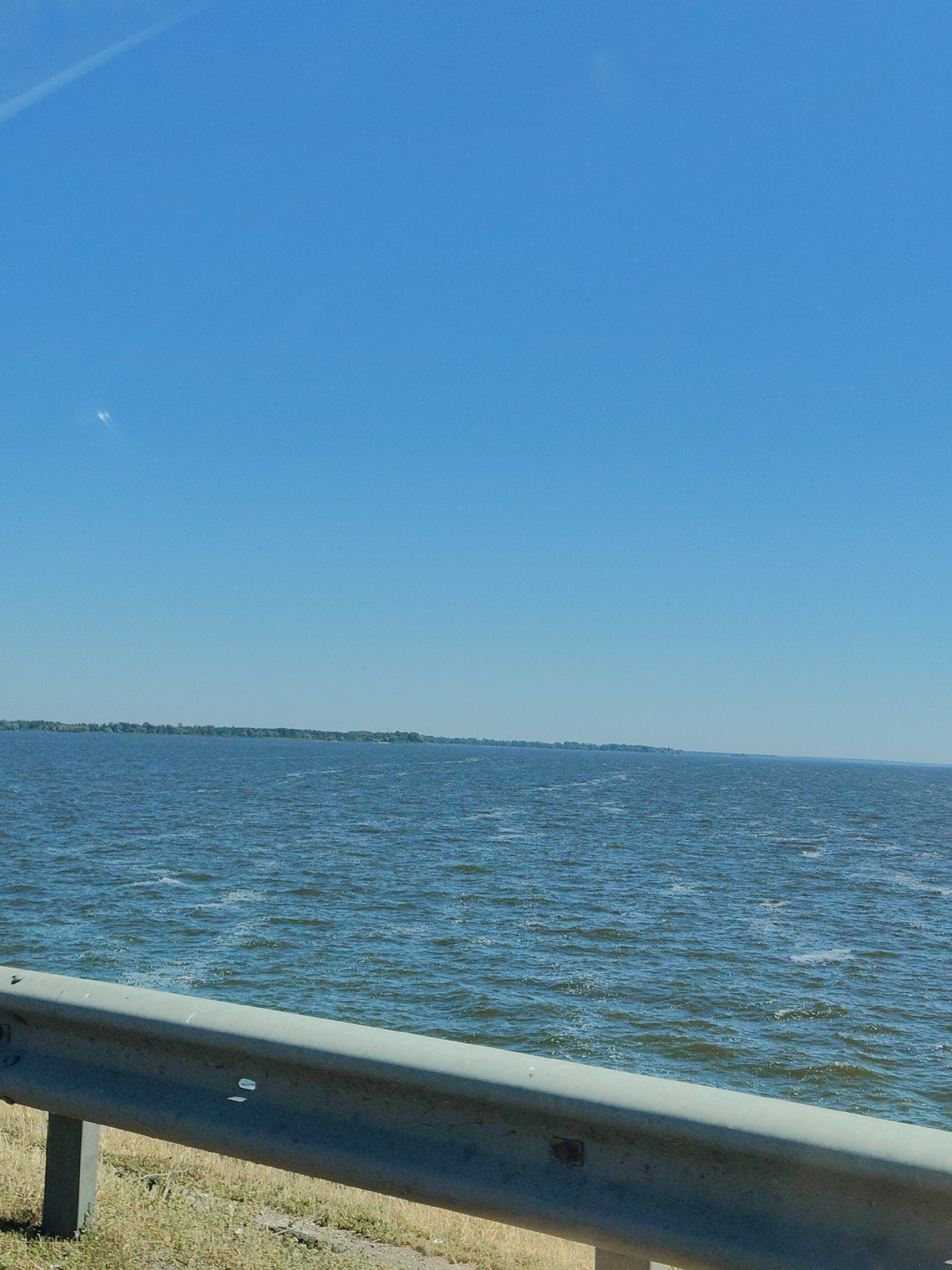A wide shot captures a tranquil body of water under a clear blue sky. The water is a deep blue-green, with subtle ripples indicating a light breeze. The horizon is marked by a thin strip of lush green trees, suggesting a distant shoreline. In the foreground, a grey metal guardrail runs horizontally across the lower portion of the image, supported by grey posts. Dry, golden grass grows alongside the guardrail. The scene appears to be a roadside view overlooking a lake or a large river. Given the information that this is in Blahodatne, Ukraine, the scene depicts a natural landscape, likely a waterfront area accessible by road.