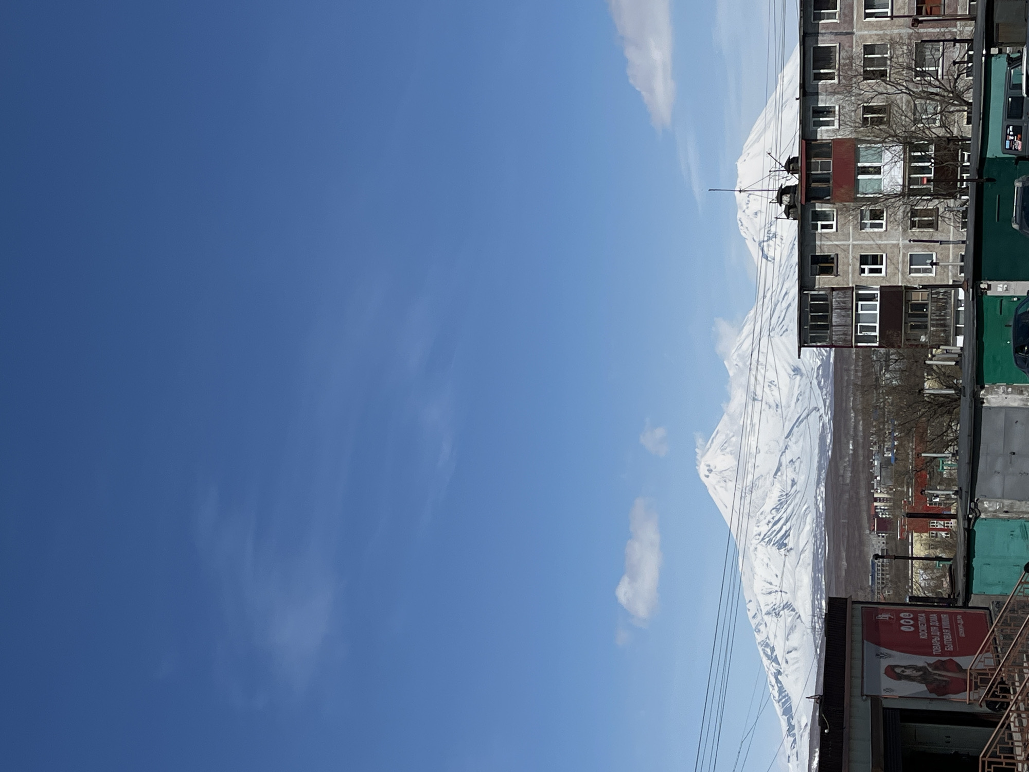 The image captures a view in Petropavlovsk-Kamchatsky, Russia, featuring a multi-story apartment building on the right side of the frame, juxtaposed against the backdrop of a snow-covered mountain. Clear blue skies occupy the majority of the left side of the image. The apartment building is characterized by multiple windows and balconies, with visible signs of wear. In the foreground, a street-level commercial space with a sign is partially visible. Bare trees are situated between the building and the mountain. Power lines run across the scene.