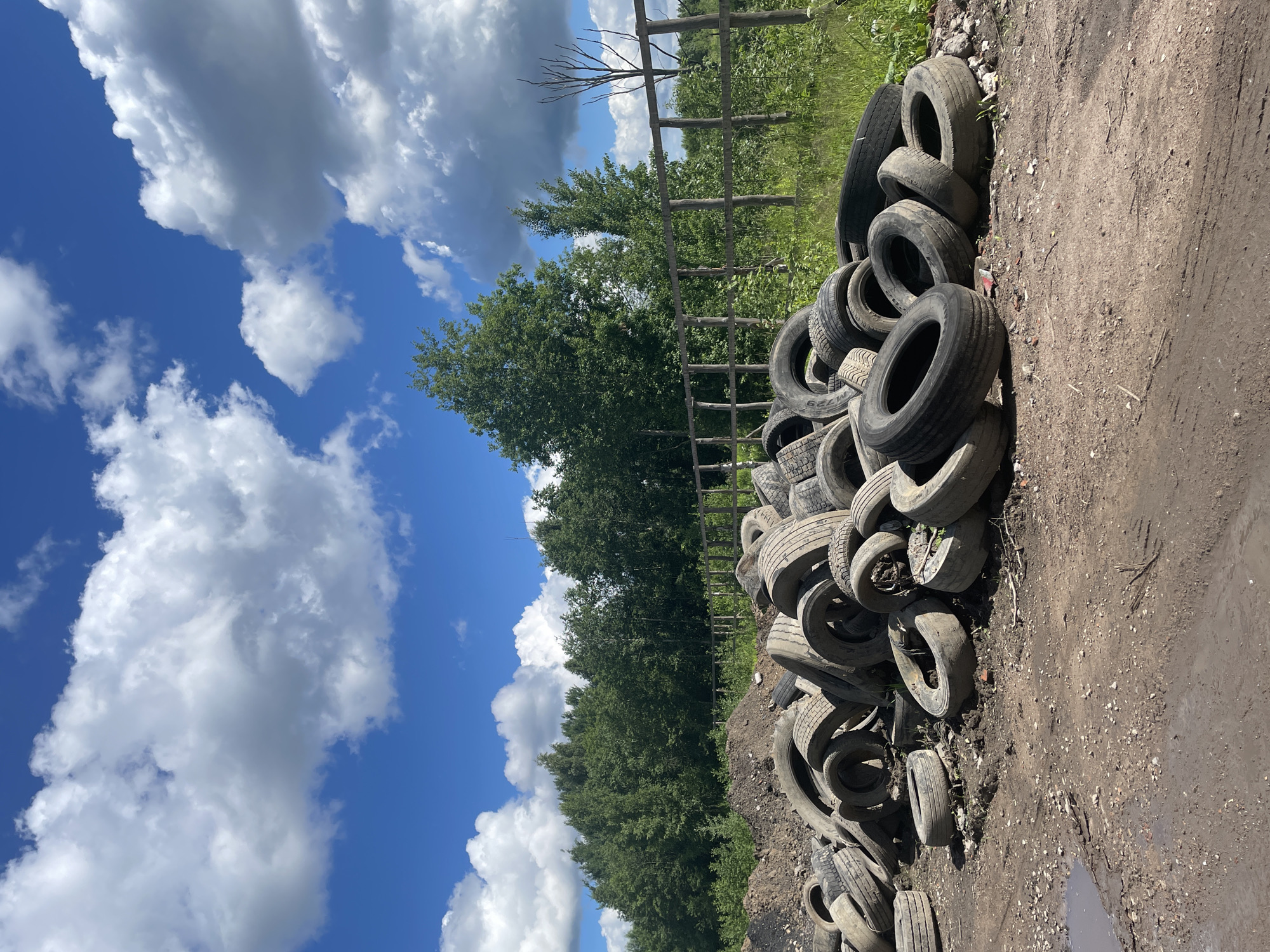 The image depicts a large pile of used tires situated outdoors on a dirt ground. Behind the tires, a wooden fence runs horizontally, with a dense line of green trees forming a backdrop. The sky above is a clear blue, interspersed with fluffy white clouds. The ground in the foreground appears muddy and uneven, with a small puddle of water visible on the left. The scene suggests an outdoor storage or disposal area, possibly a junkyard or recycling facility. The specific location in Saint Petersburg, Russia, is not discernible from the image itself, but the environment indicates a rural or semi-rural setting outside the city center.