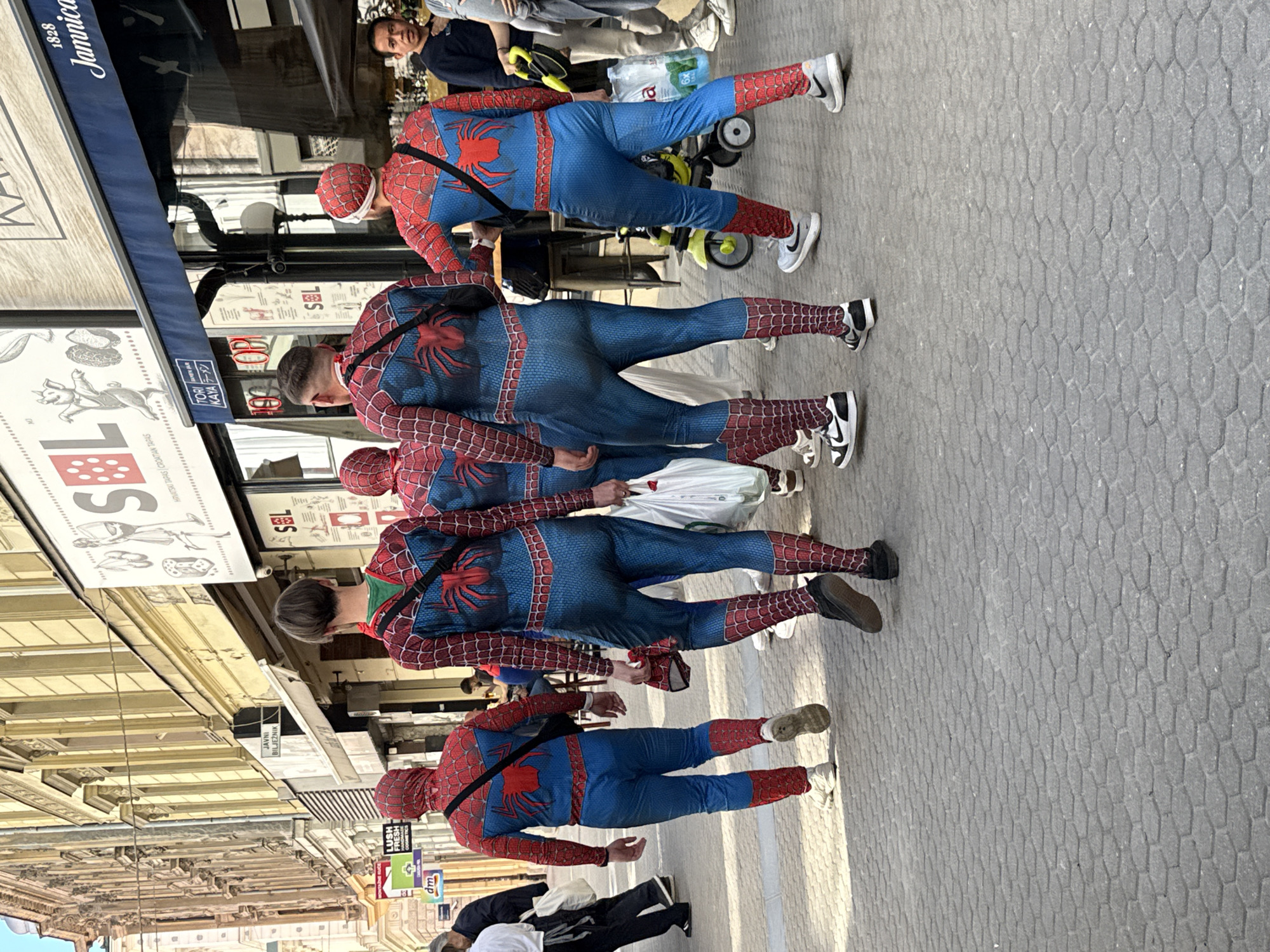 This daytime image, viewed upright, captures a unique street scene in the city of Zagreb, Croatia. The primary subjects are a line of at least six individuals, all dressed in full Spider-Man costumes. Viewed from behind, their vibrant red and blue suits, complete with the iconic black spider emblem, stand out against the urban backdrop. They appear to be walking in a coordinated procession along a paved pedestrian street. Some of the Spider-Men wear black shoulder bags or backpacks over their costumes, and their footwear varies, including sneakers and casual shoes.
The setting is a bustling street with buildings housing shops and businesses lining the left side of the frame. The ground is distinctly paved with grey hexagonal blocks. Other pedestrians are visible in the background, including one person pushing a yellow child's ride-on toy. The bright, even lighting indicates clear weather, likely mid-morning or afternoon.
Numerous signs provide strong contextual clues to the location. Visible text includes "Jamnica," a well-known Croatian beverage brand, "HRVATSKI TAPAS CROATIAN TAPAS," and "JAVNI BILJEŽNIK" (Public Notary). International retail chains like "LUSH FRESH handmade cosmetics" and "dm" (Drogerie Markt) are also present. Other signs display "1828," "SBL," "SOL," and "TORI KAYA." The overall impression is one of a lively public space, possibly during an event or performance given the unusual collective attire of the main subjects.