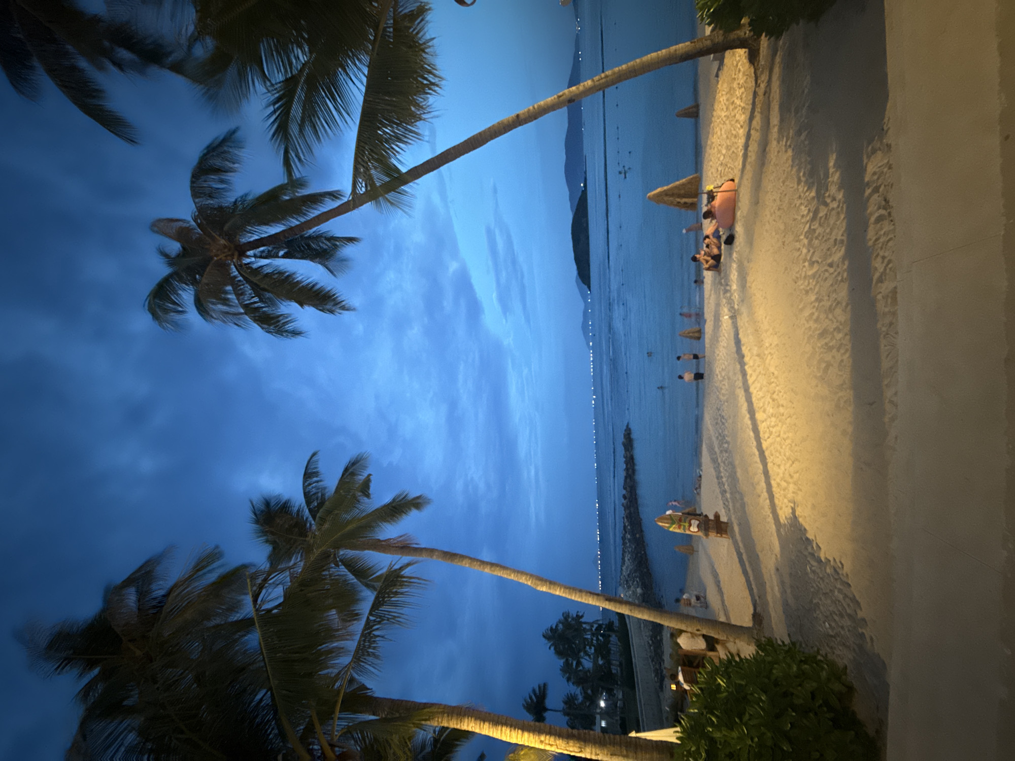 The image depicts a serene beach scene at dusk, with the sky displaying a deep twilight blue. Towering palm trees frame the view, their silhouettes stark against the darkening sky. The sandy beach is illuminated by artificial lighting, casting long shadows from the palm trees and beach umbrellas. In the distance, the calm ocean stretches towards the horizon, dotted with faint lights from what appears to be a coastal town or city. Several individuals are present on the beach and in the shallow water, engaged in various leisurely activities. Some people are seated on the sand, while others appear to be wading or swimming. A tiki statue stands upright on the beach, adding a tropical element to the scene. The overall atmosphere is tranquil and inviting, suggesting a peaceful evening by the sea.