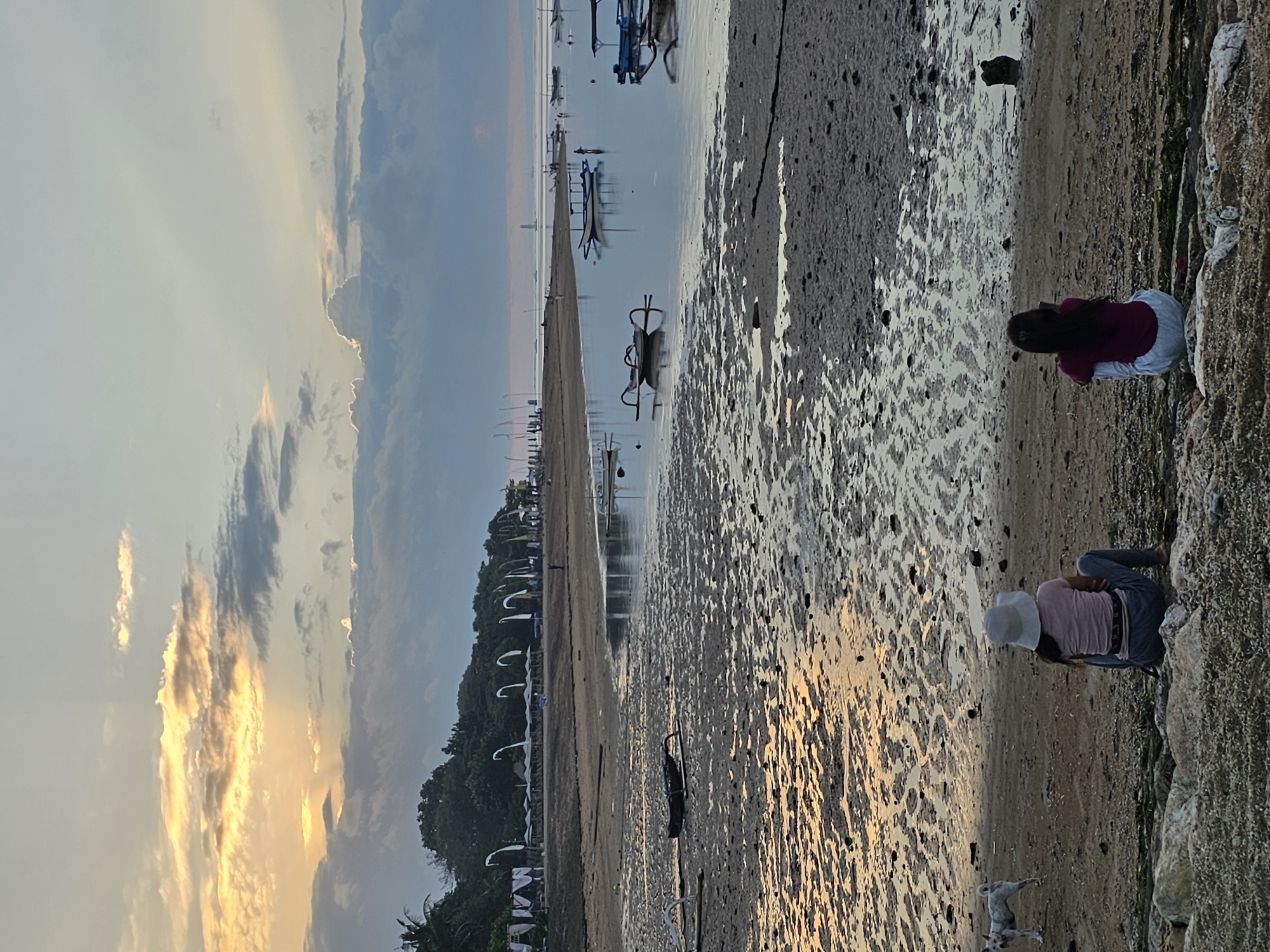 This image captures a tranquil scene at a beach in Denpasar, Indonesia, likely during either sunrise or sunset. In the foreground, two individuals are seated on the sandy shore, facing the water. The person on the left is wearing a light-colored hat, a pink shirt, and blue pants. The person on the right has long dark hair and is wearing a maroon shirt and light-colored pants. A dog stands to the left of the seated individuals, facing away from the camera.
The beach itself is a mix of sand and mudflats, with puddles reflecting the sky. Several traditional Balinese fishing boats, known as jukung, are visible both on the shore and in the shallow water. In the middle ground, the calm water stretches towards the horizon, dotted with more boats.
The background features a line of lush green trees and vegetation, behind which are structures that appear to be part of a resort or beachfront establishments, indicated by white tents and umbrellas. The sky is a canvas of dramatic clouds, with rays of sunlight breaking through, creating a warm glow over the scene. The overall atmosphere is peaceful and serene, suggesting a quiet moment by the sea.