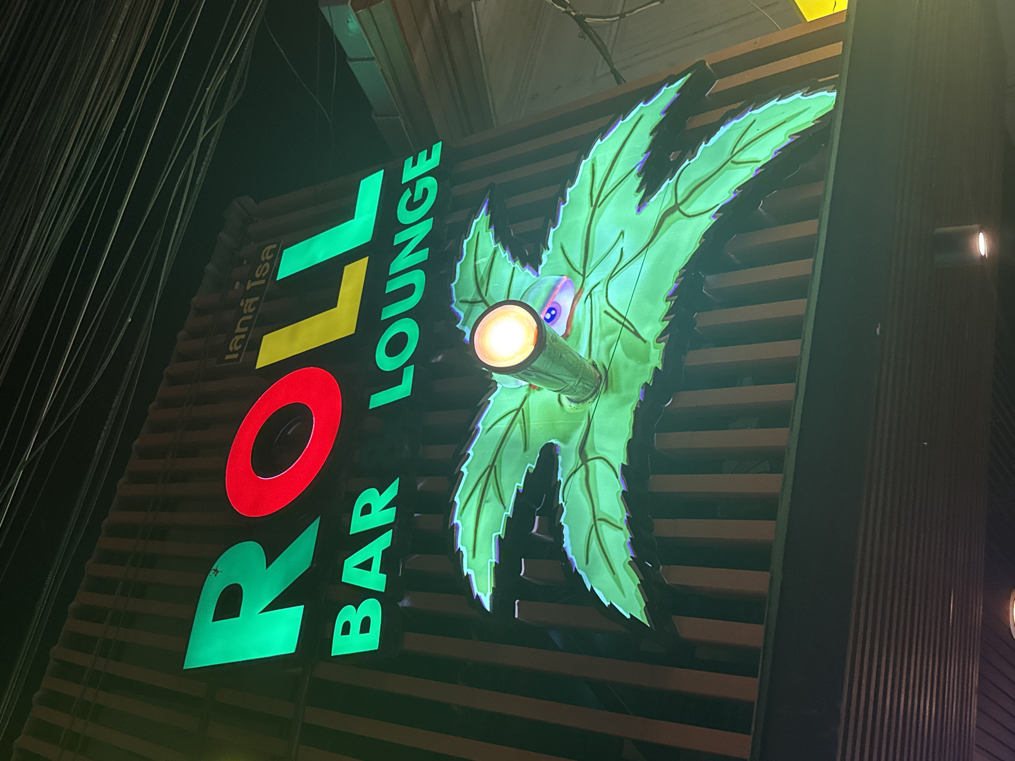 A neon sign for "ROLL BAR LOUNGE" is displayed on a building facade at night in Hua Hin City Municipality, Thailand. The sign features large, illuminated letters with "ROLL" in green and red, and "BAR LOUNGE" in green. Below the text, a prominent green neon palm leaf design with a central illuminated tube is visible. The building's exterior has a vertical slatted design. Overhead, a cluster of dark power lines is visible against the night sky.