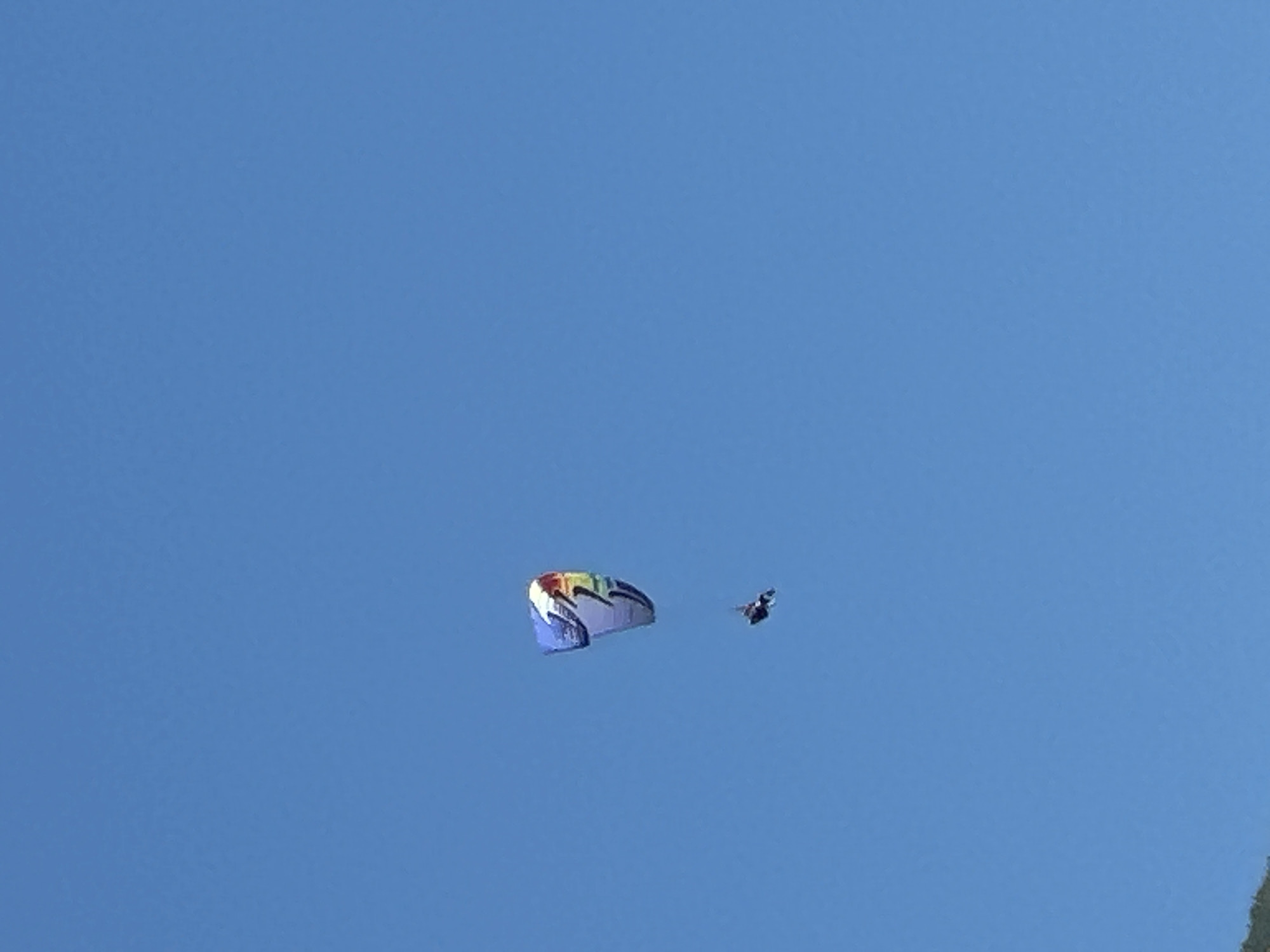 A paraglider with a rainbow-colored wing is soaring in a clear blue sky over the city of Boreti, Montenegro. The paraglider, a person in a dark suit, is suspended below the wing by a harness. The paraglider appears to be in control, as indicated by the taut lines connecting the harness to the wing. The paraglider is positioned in the lower center of the frame, with the wing above it. The vast expanse of the sky dominates the image, with no other objects or structures visible in the immediate vicinity. The lighting suggests it is daytime, with the sun likely at a high angle.