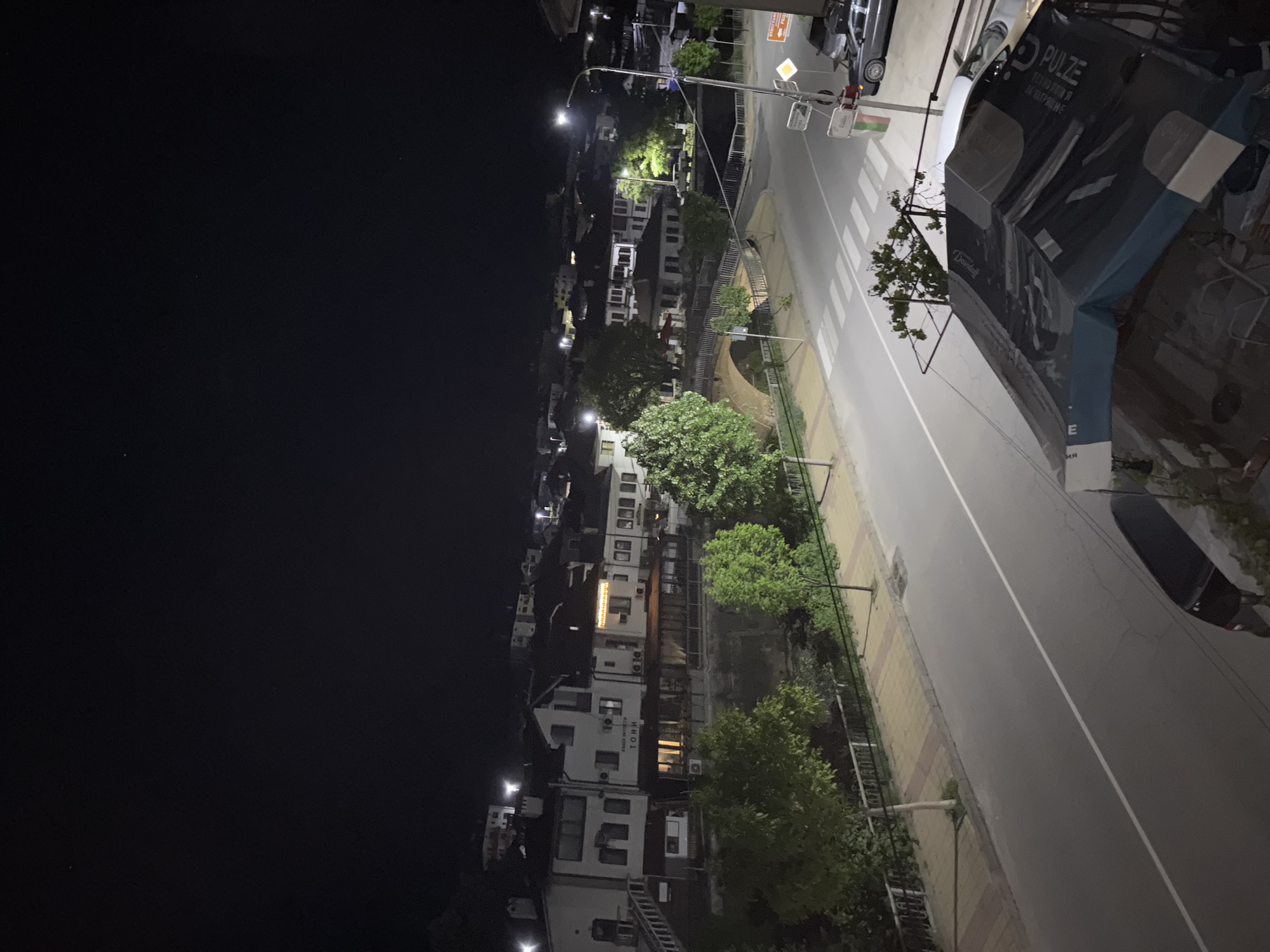 The image captures an aerial nighttime view in Zlatograd, Bulgaria. A street runs diagonally through the frame, flanked by buildings on the left and a sidewalk lined with trees on the right. Streetlights illuminate the buildings and the roadway. A marked crosswalk spans the street. To the right, a partially visible awning bearing the word "PULZE" is attached to a building. Cars are parked along the roadside. The sky to the left is black.