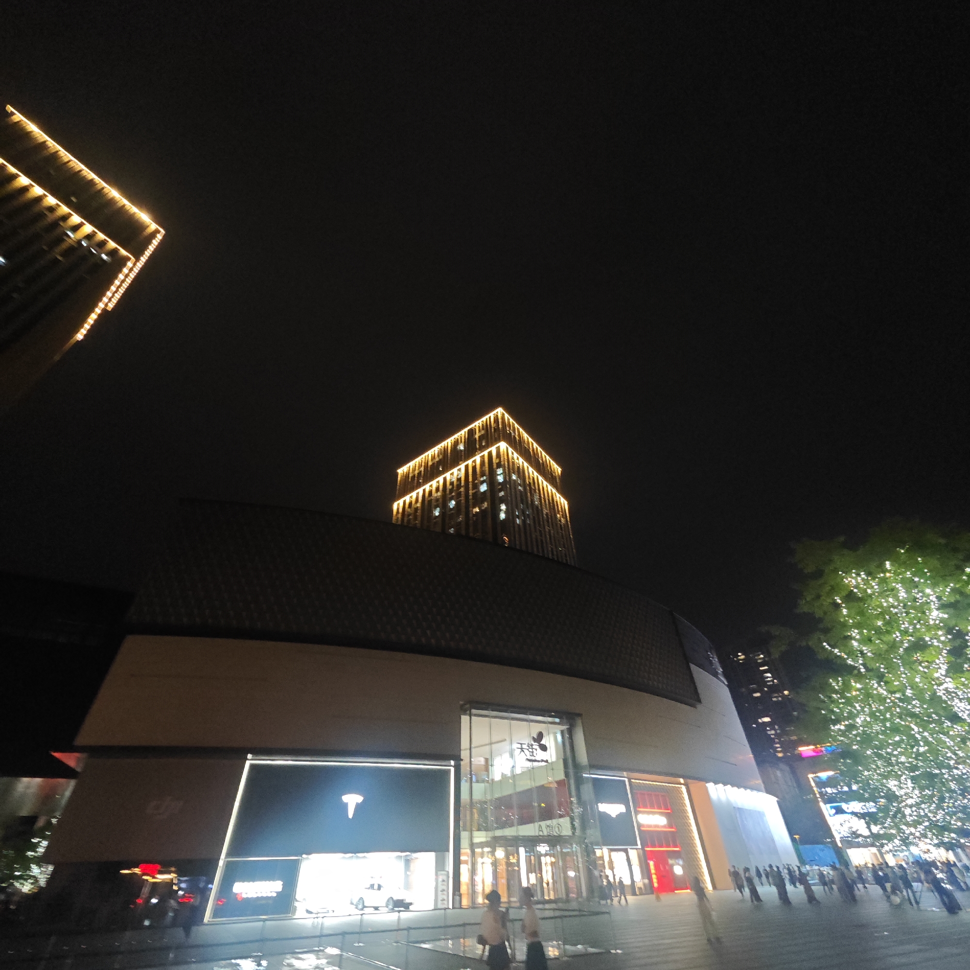 The image depicts a vibrant urban night scene in Yuzhong District, China, centered around a modern commercial complex and a bustling plaza.
In the mid-ground and foreground, a large, contemporary building with a curved, textured facade is prominently featured. This building, possibly a shopping mall or retail center, has extensive glass windows and brightly lit entrances. On the left side of the main building, a large display window showcases a white car, identifiable by a prominent white "T" logo, likely belonging to Tesla. Above this display, on a light-colored section of the building's facade, a faint "DJI" logo can be discerned. Above the main glass entrance, Chinese characters "天街" (Tiān Jiē, meaning Heavenly Street or Sky Street) are displayed, along with "A馆" (A Guǎn, Building A) and a directional arrow symbol.
Dominating the background is a tall, multi-story skyscraper, its upper sections outlined and illuminated by striking yellow-orange strip lights that accentuate its rectangular structure against the dark night sky. On the far right of the frame, a large tree is heavily decorated with numerous small, white string lights, giving it a sparkling, festive appearance.
A wide, paved plaza or sidewalk extends in front of the main building, where several people are seen walking. Some figures in the immediate foreground appear blurred due to motion, while others further back are more defined, suggesting a flow of pedestrians. The overall scene is characterized by abundant artificial lighting, creating a lively and modern atmosphere. The dark, clear sky contrasts sharply with the illuminated buildings and tree, highlighting the urban glow.