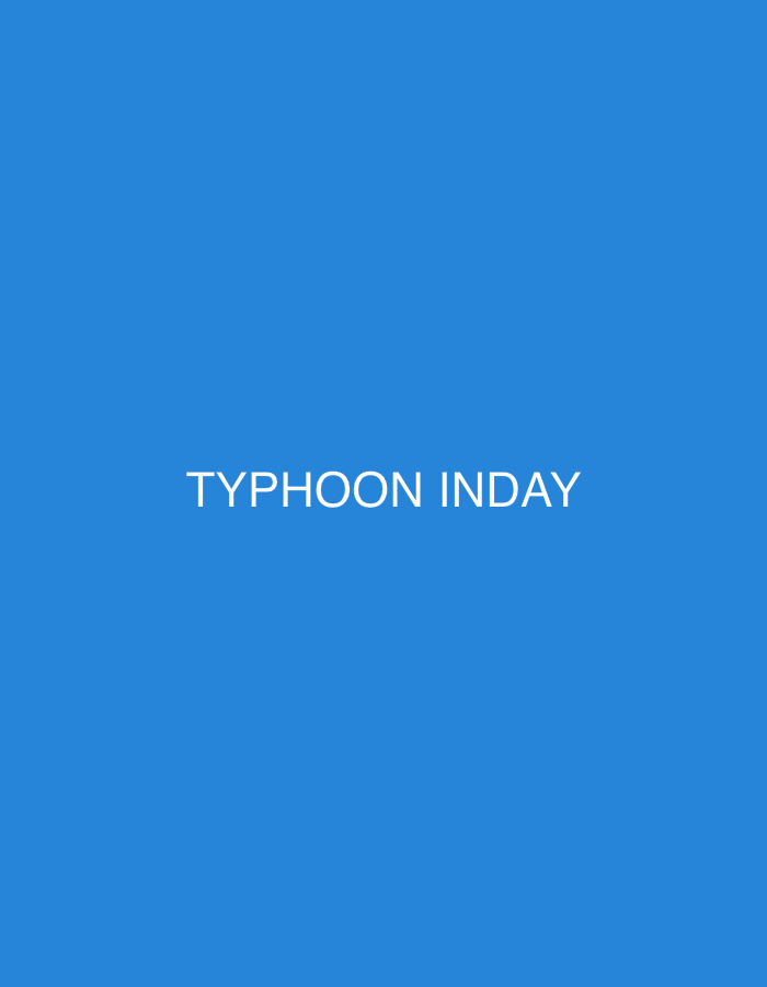 The image displays white text on a solid blue background. The text reads "TYPHOON INDAY". There are no people, subjects, objects, actions, or interactions visible in the image, nor any environmental details from Davao City, Philippines. The image is purely graphic with text on a colored background.