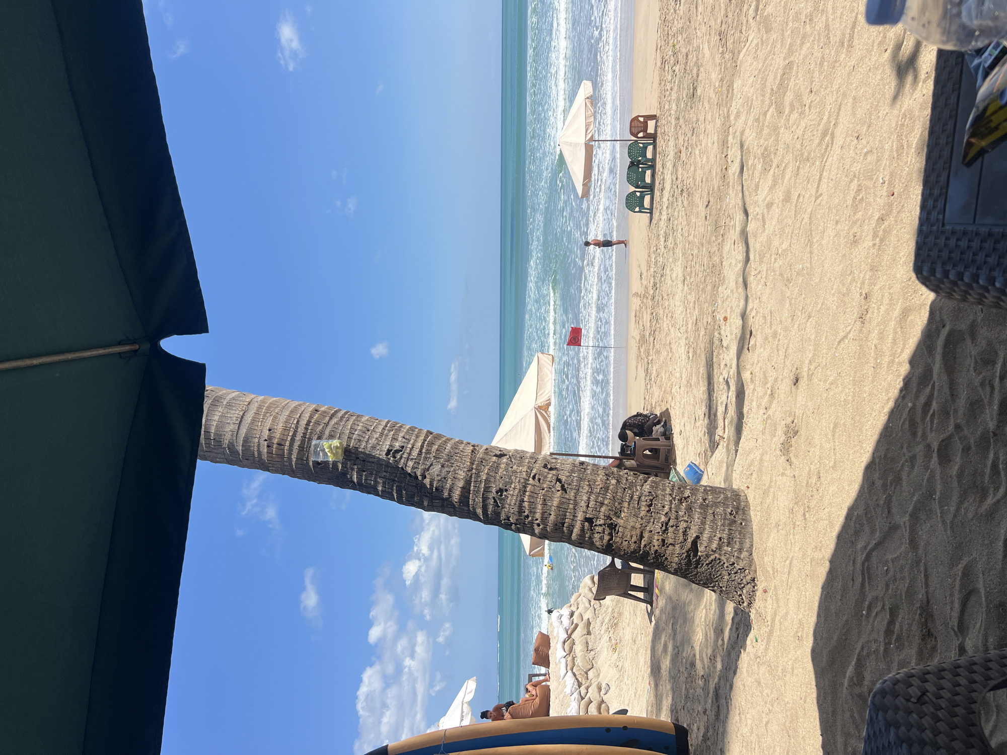 This is a medium-shot, eye-level, natural-light photograph of a beach scene in Kuta, Indonesia. The foreground is dominated by the textured surface of a woven chair, casting a large shadow across the tan sand. To the left, the edge of a dark green umbrella stretches across the top of the frame, obscuring part of the bright blue sky. A tall palm tree trunk, its rough bark clearly visible, stands prominently in the mid-ground. A small clear plastic cup containing yellow objects is attached to the tree trunk.
In the mid-ground, the sandy beach slopes towards the ocean. A few beach chairs and umbrellas are set up. A group of people are visible in the background, some lounging on beanbags under a white umbrella near a sandbag barrier. Further out, several surfboards lean against the sandbag barrier. A person stands near the water's edge, and in the distance, people are swimming or surfing in the turquoise ocean, with white waves rolling onto the shore. A red flag is planted in the sand near the water. The horizon is a clear line between the ocean and the sky, with scattered white clouds. The overall impression is a sunny day at a popular beach destination.