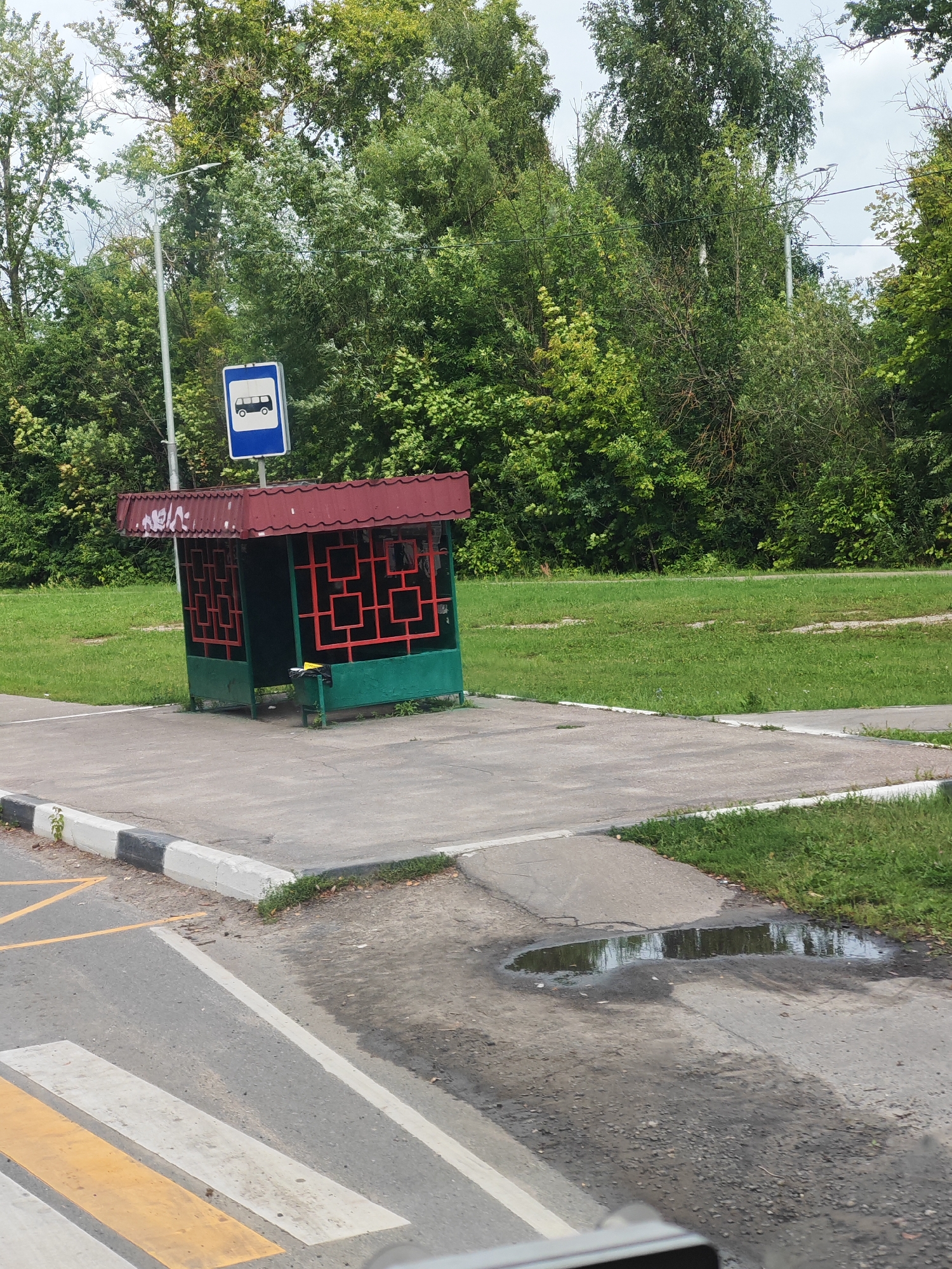 A bus stop shelter with a red roof and green frame, decorated with a red lattice pattern, stands on a concrete platform next to a road in Likino-Dulyovo, Russia. A blue and white bus stop sign is posted nearby. The area is surrounded by green grass and trees. The road in the foreground has a pedestrian crossing with yellow and white stripes, and a puddle of water is visible on the asphalt. There are no people visible in the image.
