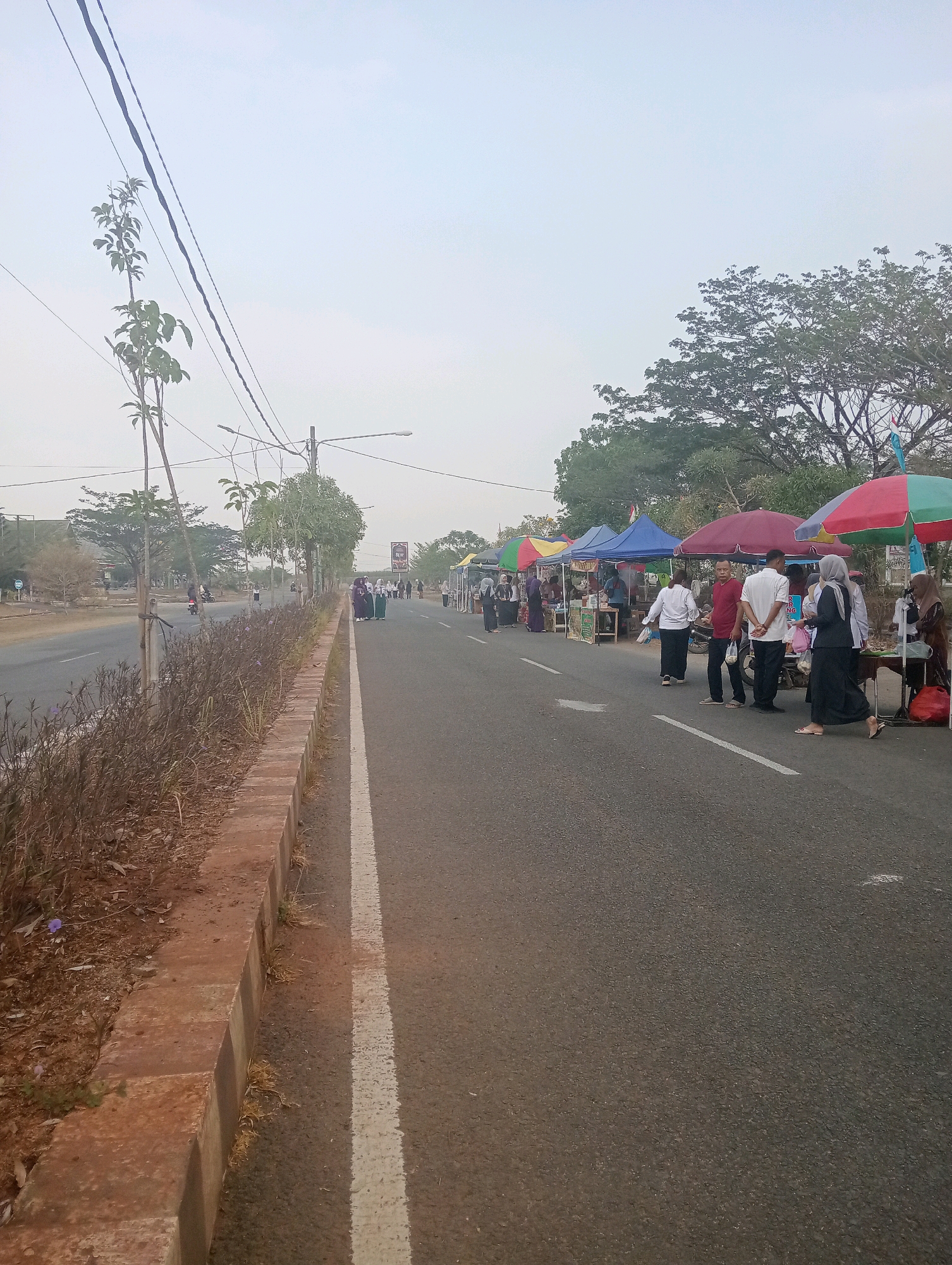 The image shows a street scene in Sidoharjo, Indonesia, with a row of market stalls lining the right side of the road. The stalls are covered by colorful canopies, and people are seen browsing and interacting. The road itself has a white line marking the lanes. On the left side of the road, there is a landscaped area with low-lying vegetation and a brick retaining wall. In the background, trees and buildings can be seen, as well as power lines overhead. The sky is overcast. Several individuals are depicted, some wearing headscarves, suggesting a cultural context. One stall appears to be selling food, as indicated by the items displayed on a table. The overall impression is that of a local market or event taking place outdoors.