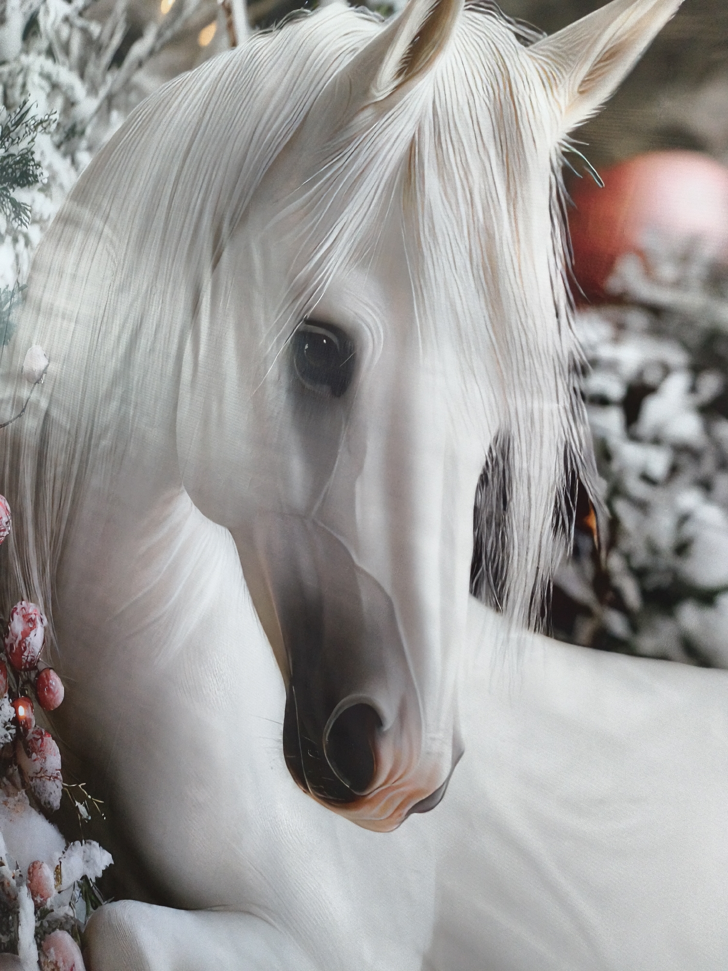 A close-up, low-angle shot features the head and neck of a white horse. The horse's mane is long and flowing, with individual strands visible. Its eye is dark and appears to be looking downwards and to the left. The horse's coat is smooth and has a subtle sheen.
In the background, there is a blurred setting that suggests a winter scene. Snow-covered branches and foliage are visible, with some hints of red berries or ornaments. A large, out-of-focus red sphere, possibly a Christmas ornament or a light, is present in the upper right portion of the background. The overall lighting is soft and diffused, creating a gentle and ethereal atmosphere. The scene appears to be a studio portrait or a staged photograph, given the idealized and picturesque nature of the subject and its surroundings. There are no indications of a specific city or location.
