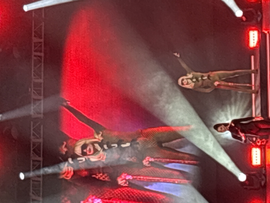 The image depicts a concert or live performance on a stage, characterized by dramatic red background lighting and multiple white spotlights cutting through atmospheric haze. Three individuals are visible on stage.
Prominently featured are two performers with blonde hair, wearing identical dark, form-fitting jumpsuits with light-colored, possibly laced or buttoned, vertical detailing down the front. Both wear dark, wraparound sunglasses. The individual on the right side of the stage stands on a raised platform, holding a decorative staff or cane in their left hand, while their right arm is raised upwards and slightly to the right. A much larger, somewhat ghosted image of an identical performer is projected onto a backdrop screen on the left, mirroring the pose and attire of the live performer, including the staff and raised arm. Hints of a grid or checkered pattern are visible behind this projection.
On the front-left portion of the stage, a third individual with dark hair tied in a high ponytail stands, wearing a black, long-sleeved, form-fitting jumpsuit. This performer is holding a dark-colored object, possibly a guitar or similar instrument, horizontally across their body.
The stage floor is dark, with illuminated red stage lights positioned at floor level. Above the stage, a metal truss structure is visible, supporting lighting fixtures. The overall scene conveys an energetic and stylized musical or theatrical performance atmosphere within a concert venue. This event takes place in the city of Tbilisi, Georgia.