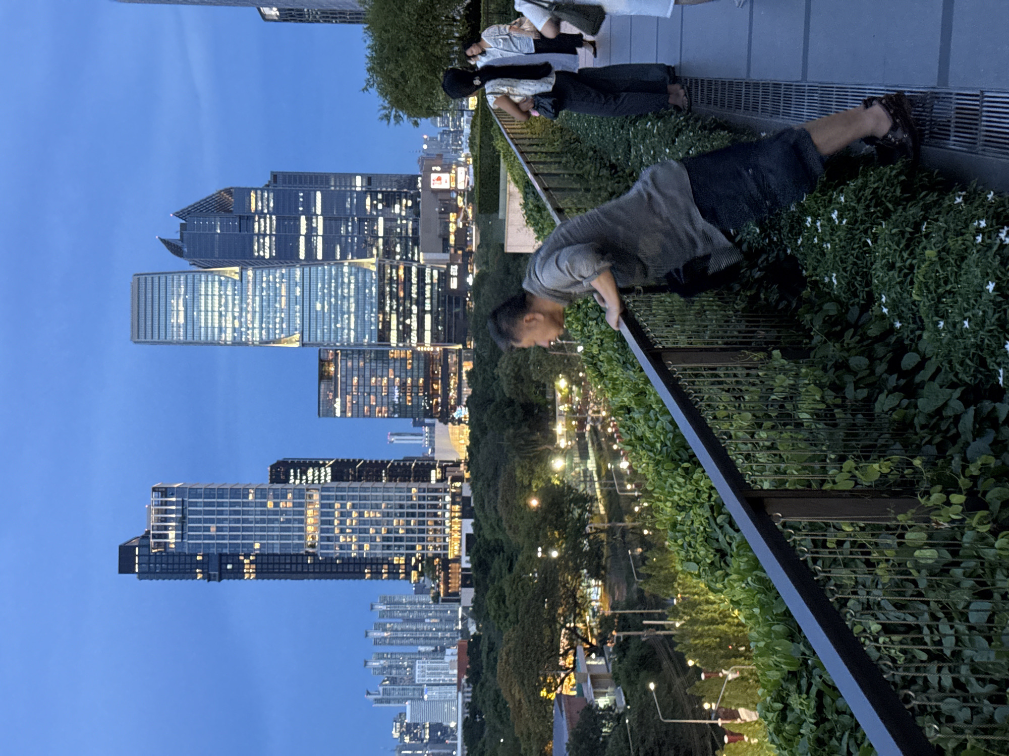The image shows an evening scene in Bangkok, Thailand. In the foreground, a person leans over a metal railing covered in dense green foliage, looking out towards the city skyline. Behind the person, two other individuals are visible, one wearing a black hat and the other in white. The city skyline features several tall buildings with illuminated windows, indicating nighttime. Below the buildings, a line of trees and streetlights suggests a park or street. The sky is a deep blue, indicative of the time of day. The perspective is slightly elevated, suggesting the photo was taken from a rooftop or high-rise building.