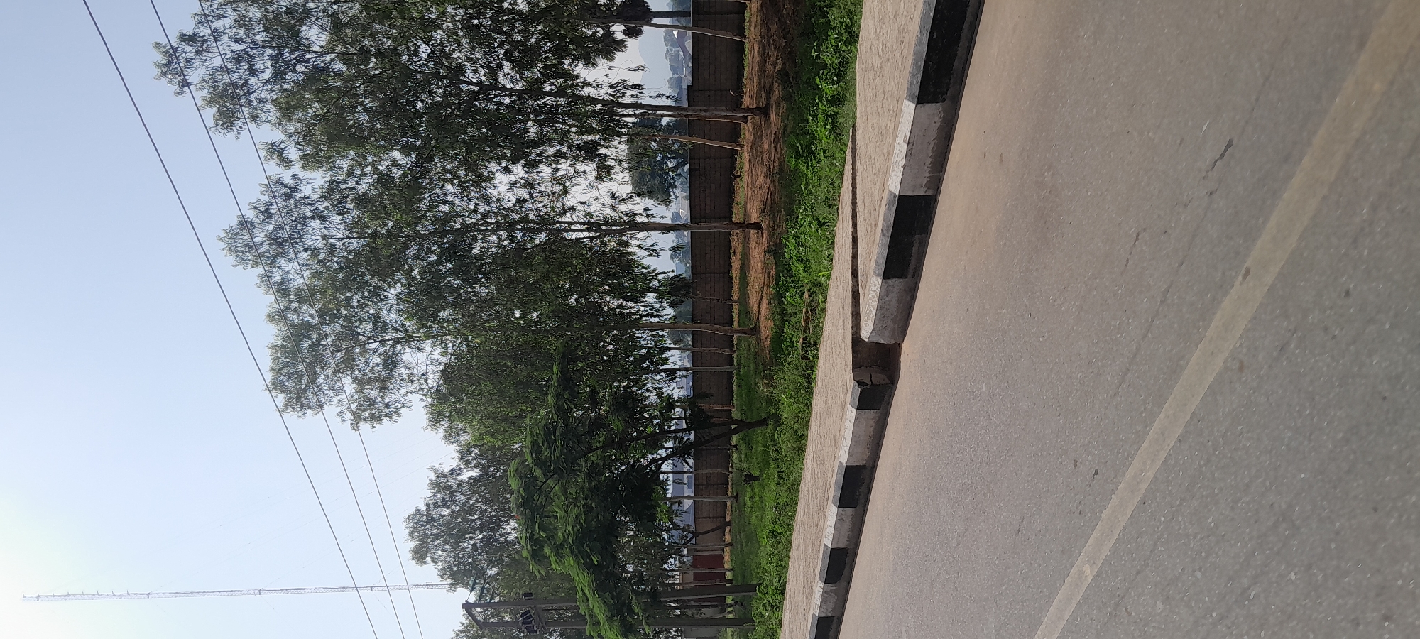 A street scene in Jalingo, Nigeria, features a paved road in the foreground with a single yellow line marking a lane. To the right, a concrete sidewalk with black and white painted curbs runs parallel to the road. The sidewalk appears to be uneven and cracked in one section. Beyond the sidewalk, a strip of green grass and vegetation separates it from a brick wall. A line of tall, slender trees with green foliage stands behind the wall, and further in the background, a dense collection of trees and some buildings can be seen, with a hazy mountain range in the far distance. On the left side of the image, a tall telecommunications tower is visible against a clear, pale sky, along with several power lines running horizontally across the upper portion of the frame. The overall environment suggests an urban or semi-urban setting on a clear day.